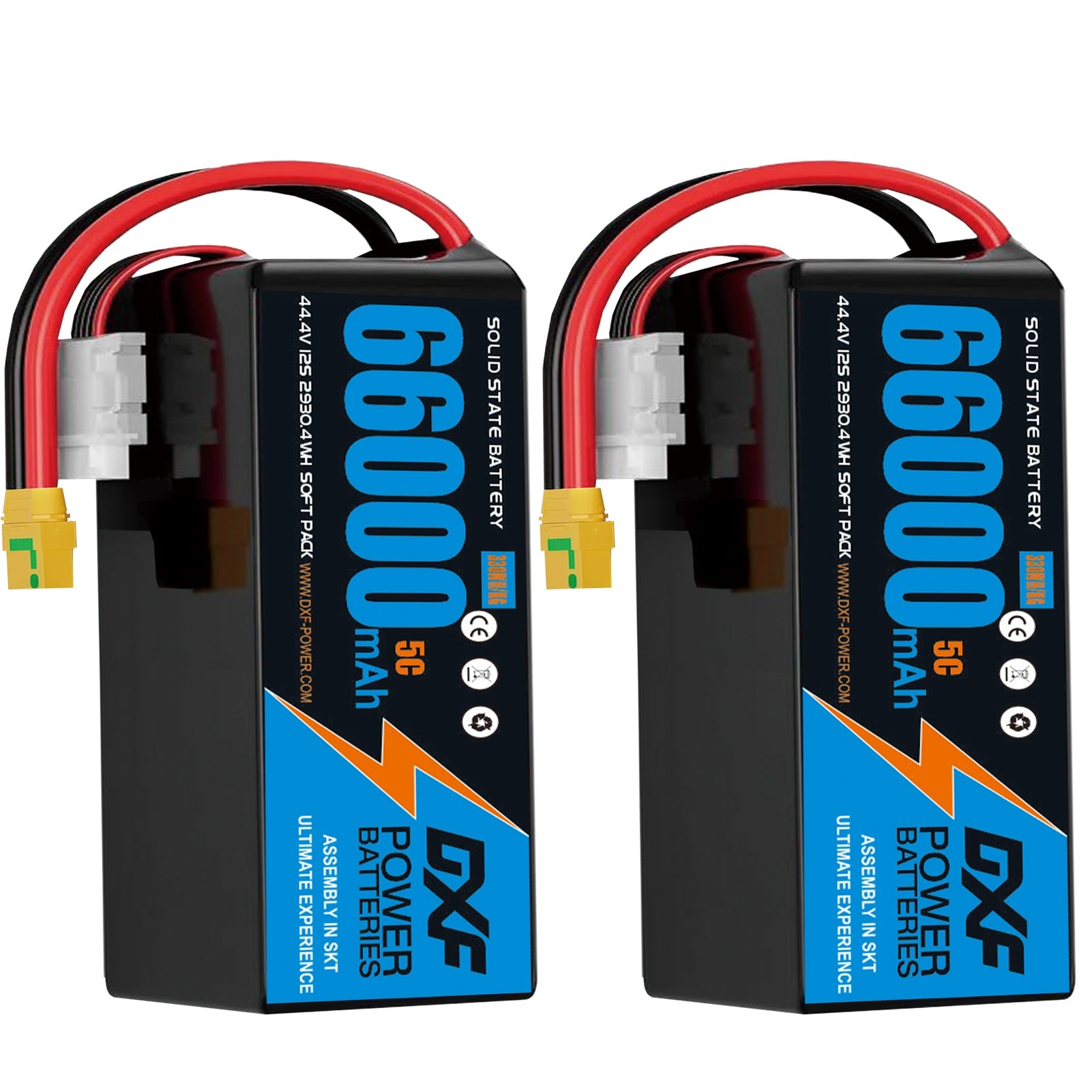 DXF SEMI-SOLID 12S 44.4V 66000mAh 5C Soft Case LiPo Battery with 8AWG Wire for Toy Cars, Boats, UAVs & Drones (1-6 Pack)