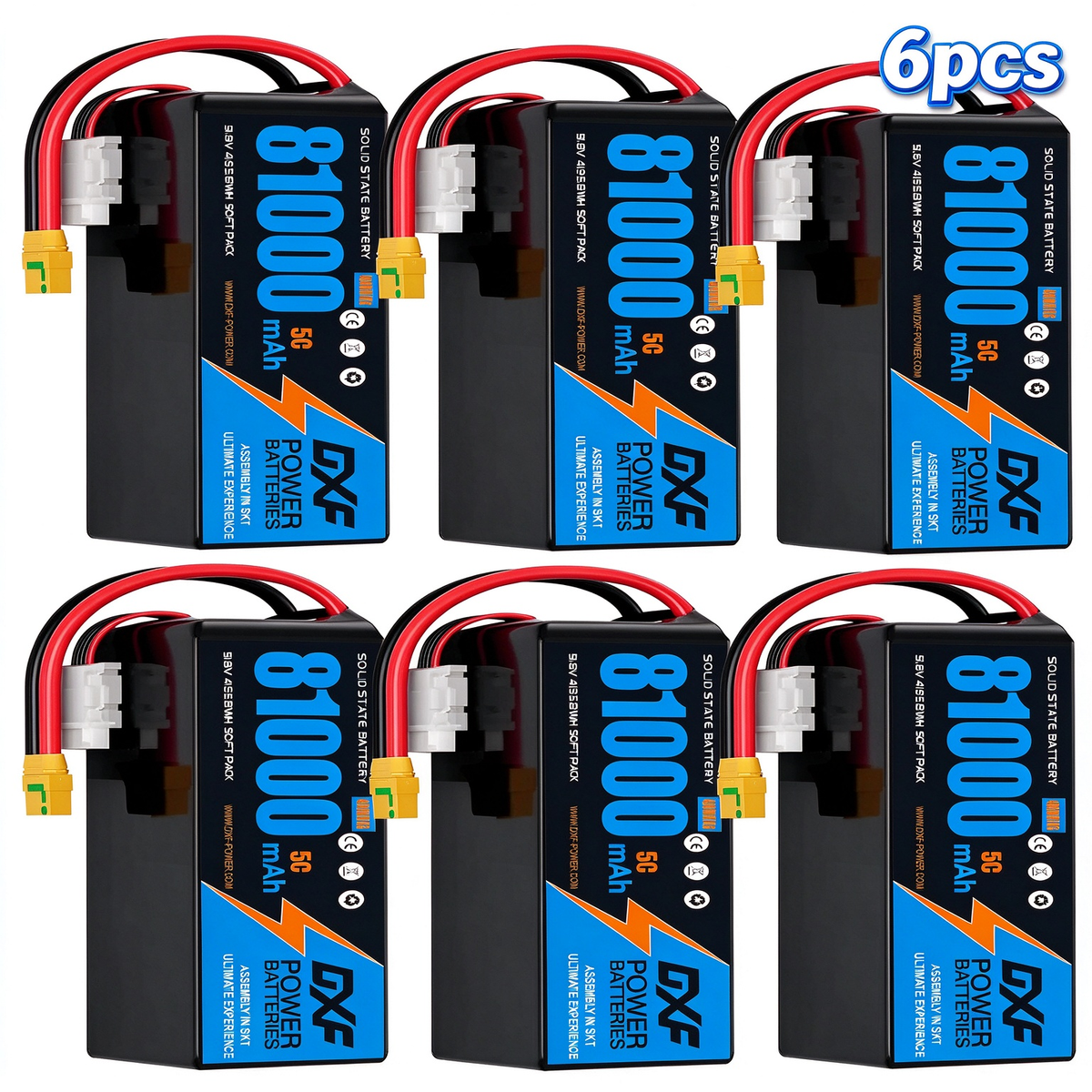 DXF 14S 51.8V 81000mAh 5C Soft Case LiPo Battery with 8AWG Wire for Toy Cars, Boats, UAVs & Drones (1-6 Pack)