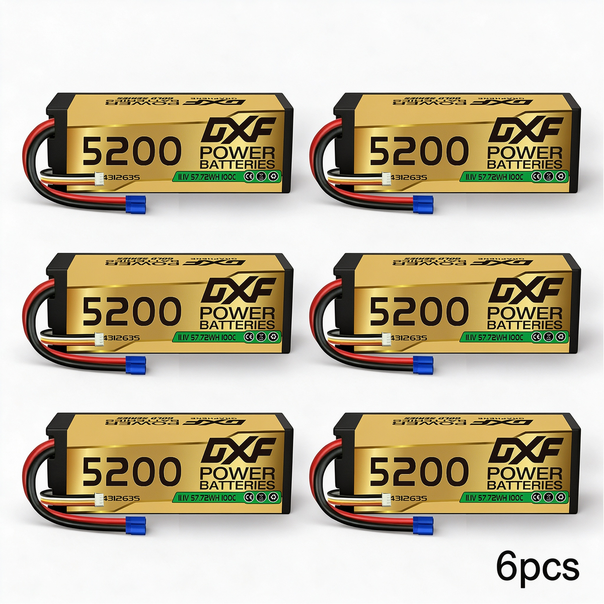 DXF GOLD Series 3S 11.1V 5200mAh 100C Graphene Hardcase LiPo Battery with EC5 Plug for 1/8 1/10 RC Car Truck (1-6 Pack)