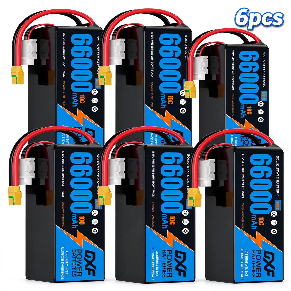 DXF SEMI-SOLID 14S 51.8V 66000mAh 10C Soft Case LiPo Battery with 8AWG Wire for Toy Cars, Boats, UAVs & Drones (1-6 Pack)