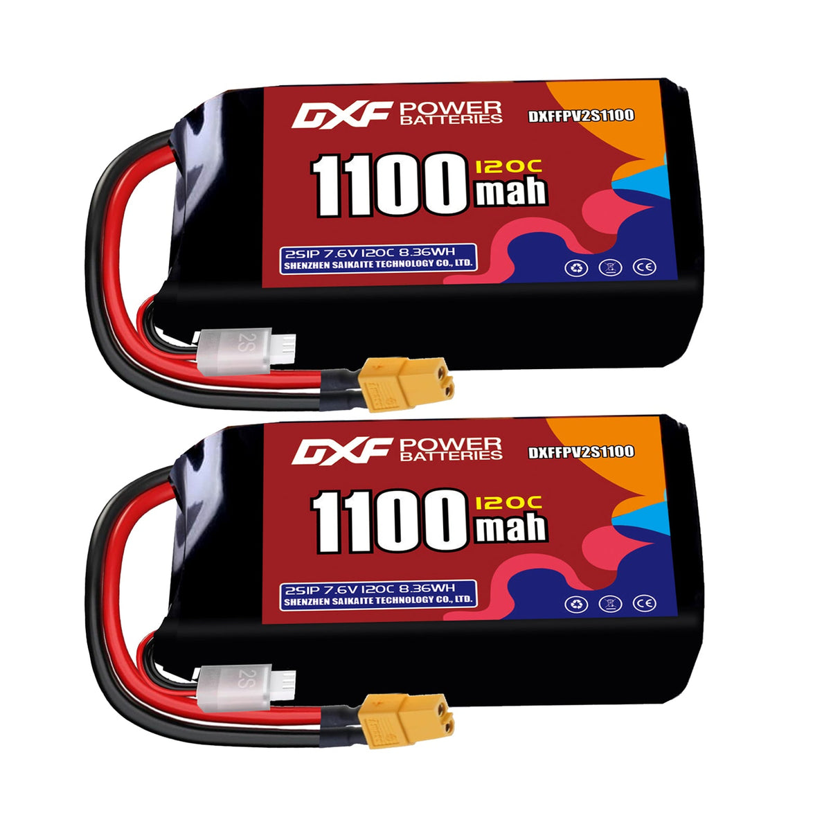 DXF 2S 7.6V 1100mAh 120C LiPo Battery for FPV Micro Drones (PH2.0 / JST / XT30 / SM / XT60 / EC5 / XT90 Options)