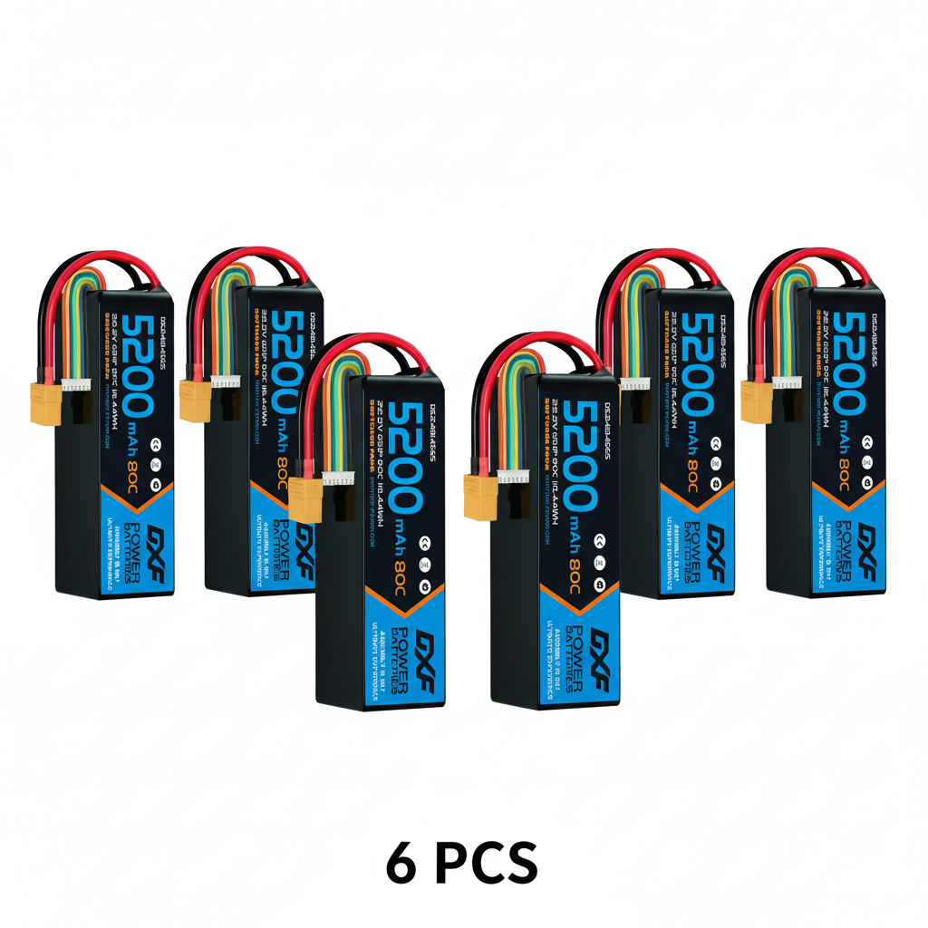 DXF 6S 22.2V 5200mAh 80C Softcase LiPo Battery with XT90 & 10AWG Wire for 1/8 RC Cars (1-6 Pack)