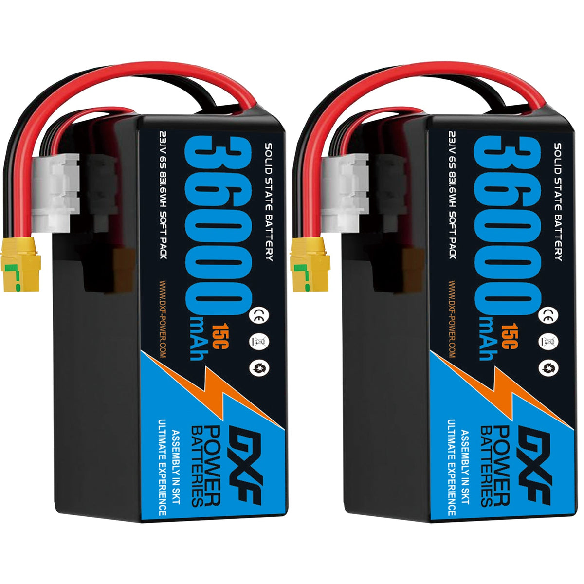 DXF 6S 23.1V 36000mAh 15C Soft Case LiPo Battery with 8AWG Wire for Toy Cars, Boats, UAVs & Drones (1-6 Pack)