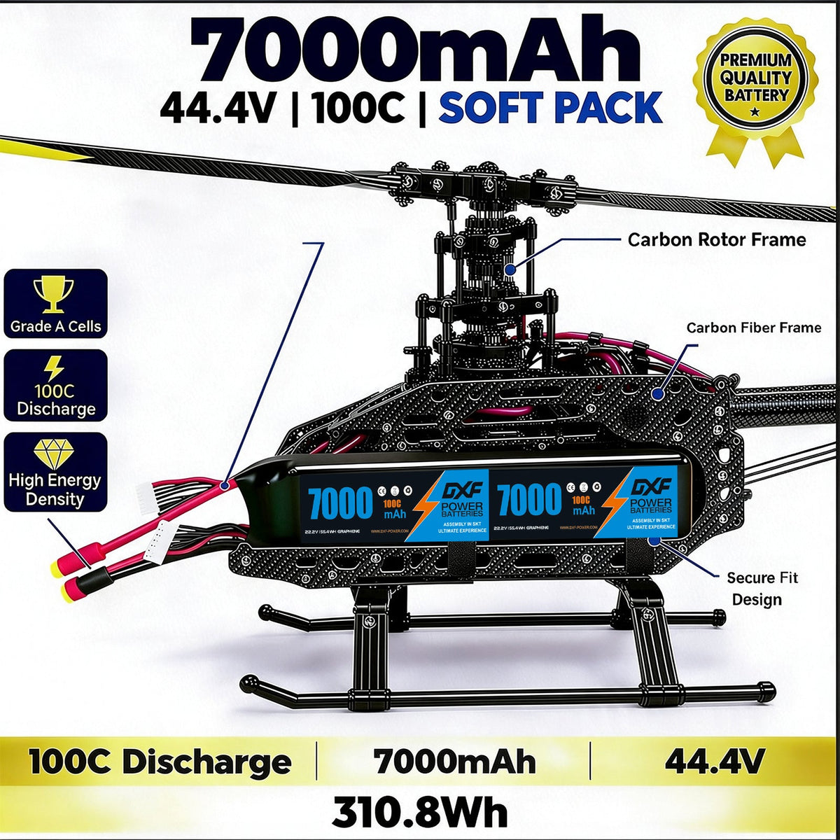 DXF Lipo Battery 12S 44.4V 7000mAh 100C GoldSeries Graphene Softcase with EC5 / T / TRX / XT60 / XT90 / XT150 / Q8s Plug for RC 1/8 1/10 Buggy Truck Car Off-Road Drone