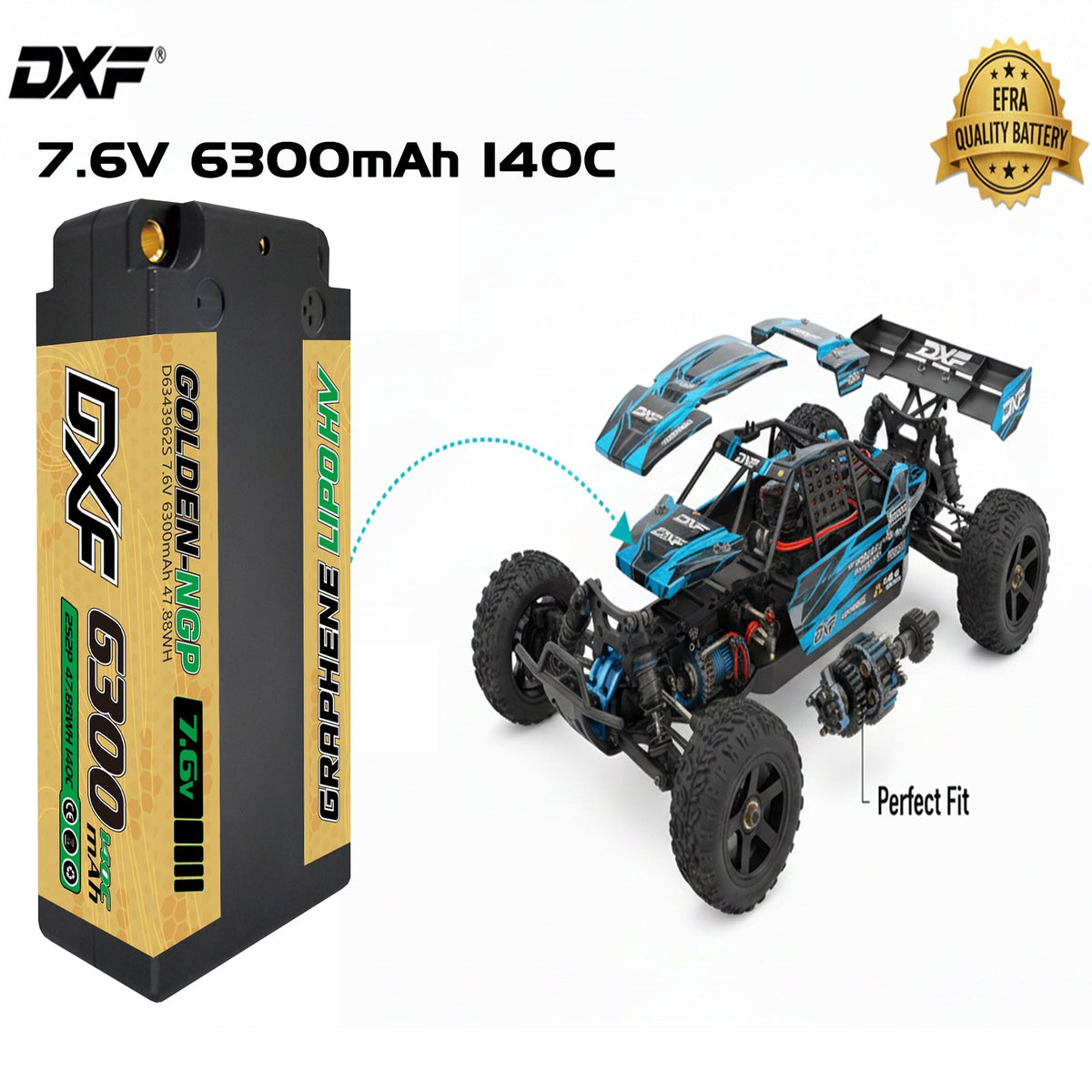 DXF LiPo Battery 2S2P HV 7.6V 6300mAh 130C Graphene NGP Plus Gold Version with 5mm Bullet / EC5 / T / TRX / XT60 / XT90 / XT150 / Q8s Plug for RC 1/10 1/8 Scale Car Racing