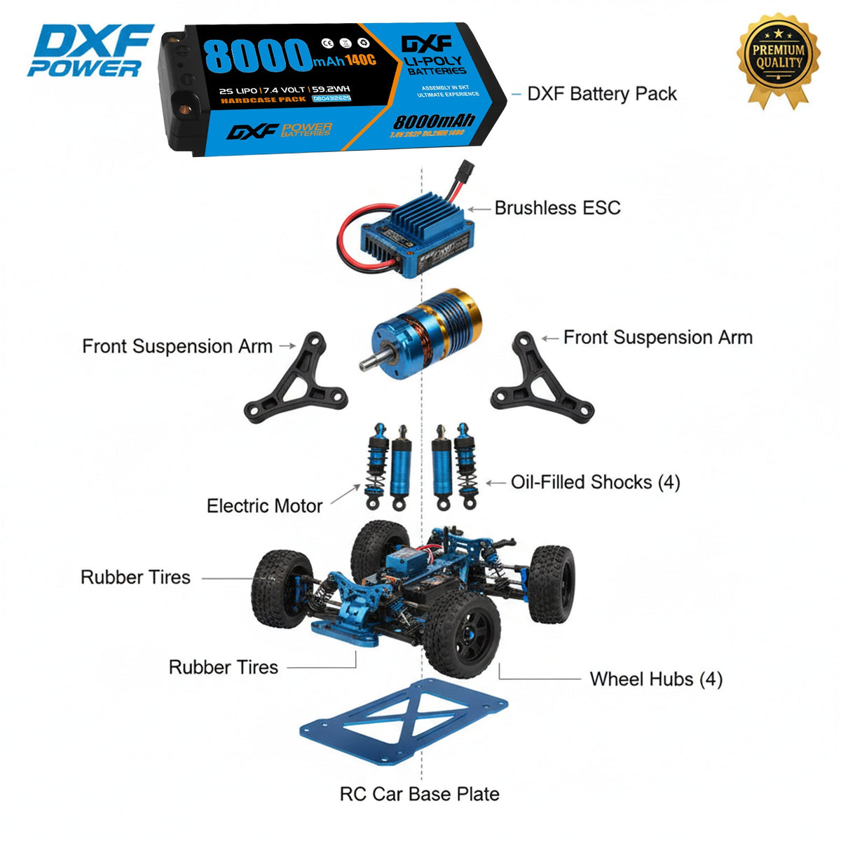 DXF 2S 7.4V 8000mAh 140C Blue Label Graphene LiPo Hardcase Battery with 12AWG 5mm Bullet to Deans Plug for 1/8 1/10 RC Car Truck Boat Drone (1-6 Pack Available)