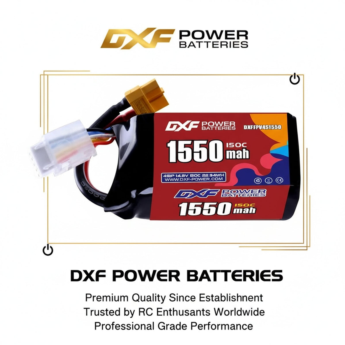 DXF 4S 14.8V 1550mAh 150C Gold Version Graphene LiPo Soft Case Battery with 12AWG XT60 Plug for FPV Racing Drone RC Car Boat (2 Pack Set)