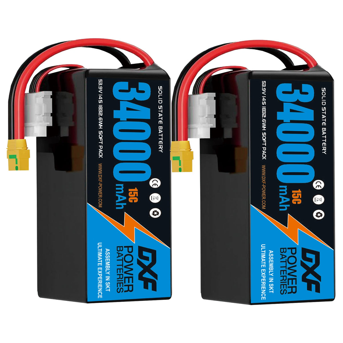 DXF SEMI-SOLID 14S 53.9V 34000mAh 15C Soft Case LiPo Battery with 8AWG Wire for Toy Cars, Boats, UAVs & Drones (1-6 Pack)