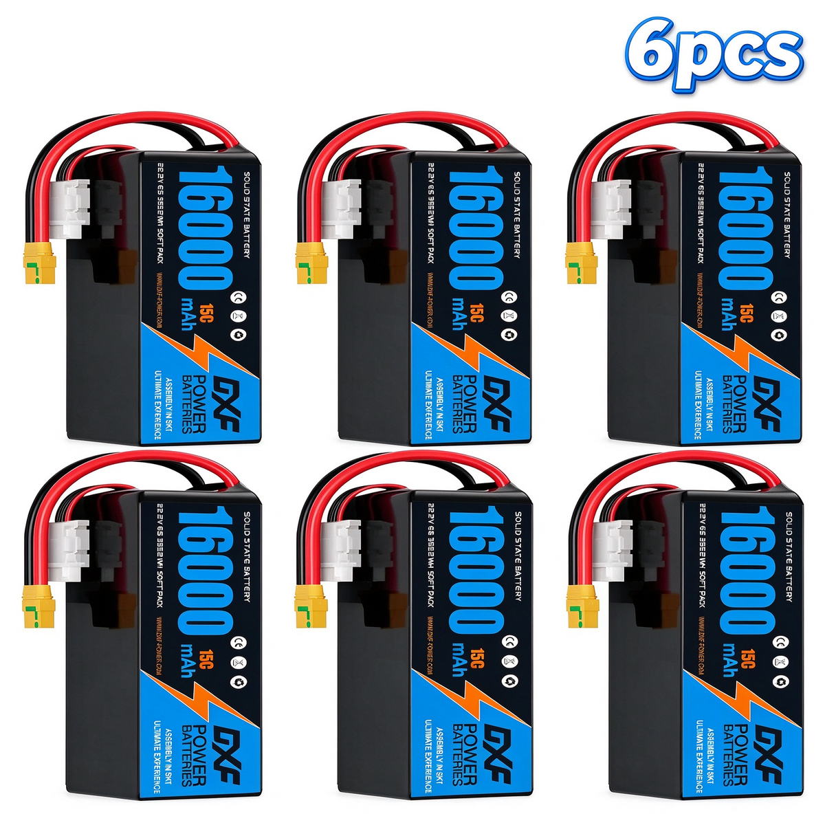 DXF 6S 22.2V 16000mAh 15C Soft Case LiPo Battery with 8AWG Wire for Toy Cars, Boats, UAVs & Drones (1-6 Pack)