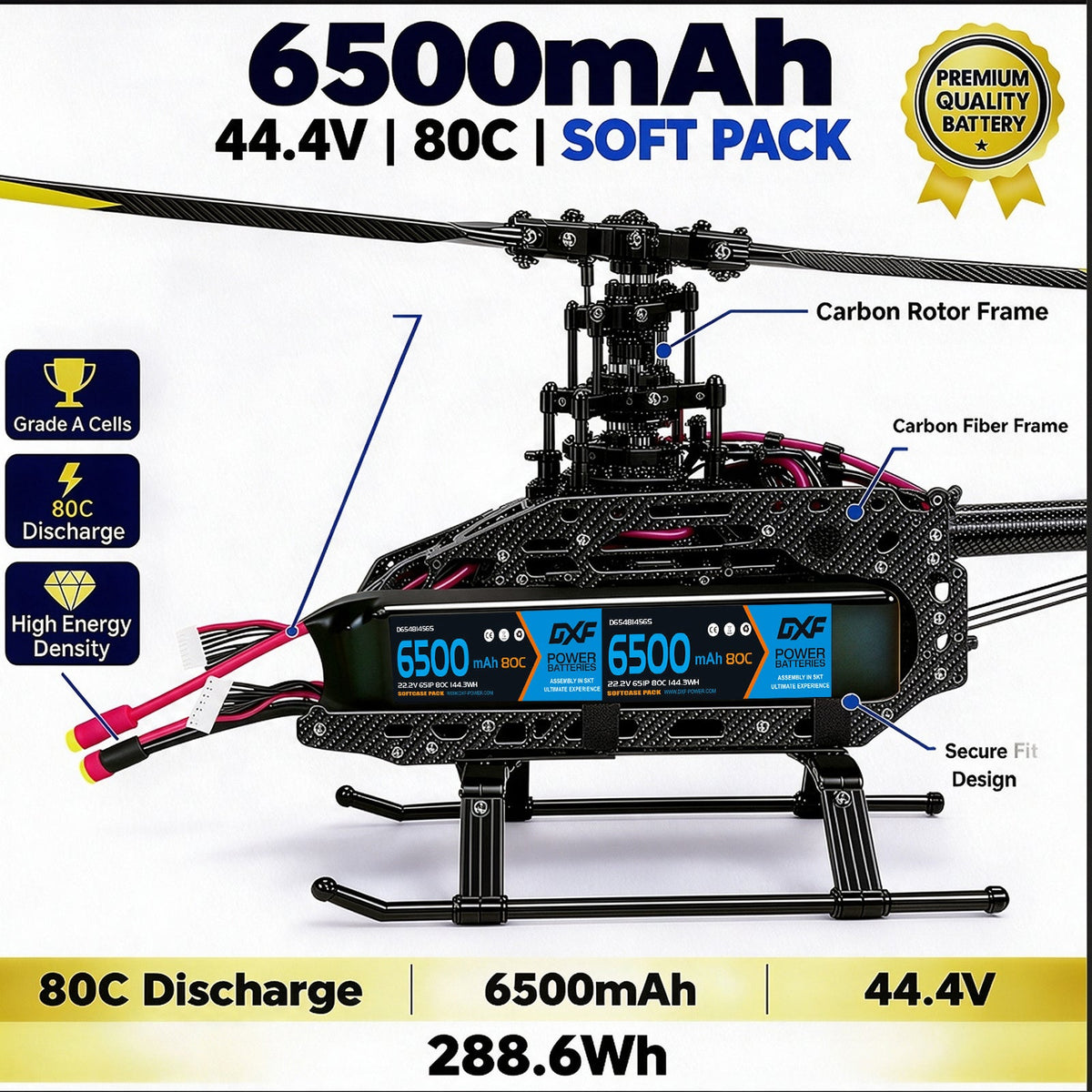 DXF LiPo Battery 12S 44.4V 6500mAh 80C Graphene Softcase Blue with EC5 / T / TRX / XT60 / XT90 / XT150 / Q8s Plug for RC 1/8 1/10 Buggy Truck Car Off-Road Drone