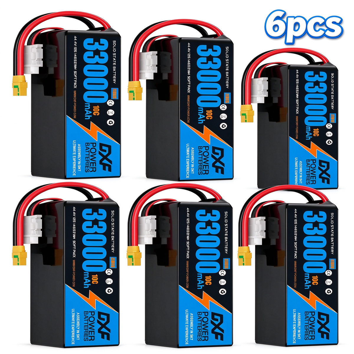 DXF SEMI-SOLID 12S 44.4V 33000mAh 10C Soft Case LiPo Battery with 8AWG Wire for Toy Cars, Boats, UAVs & Drones (1-6 Pack)