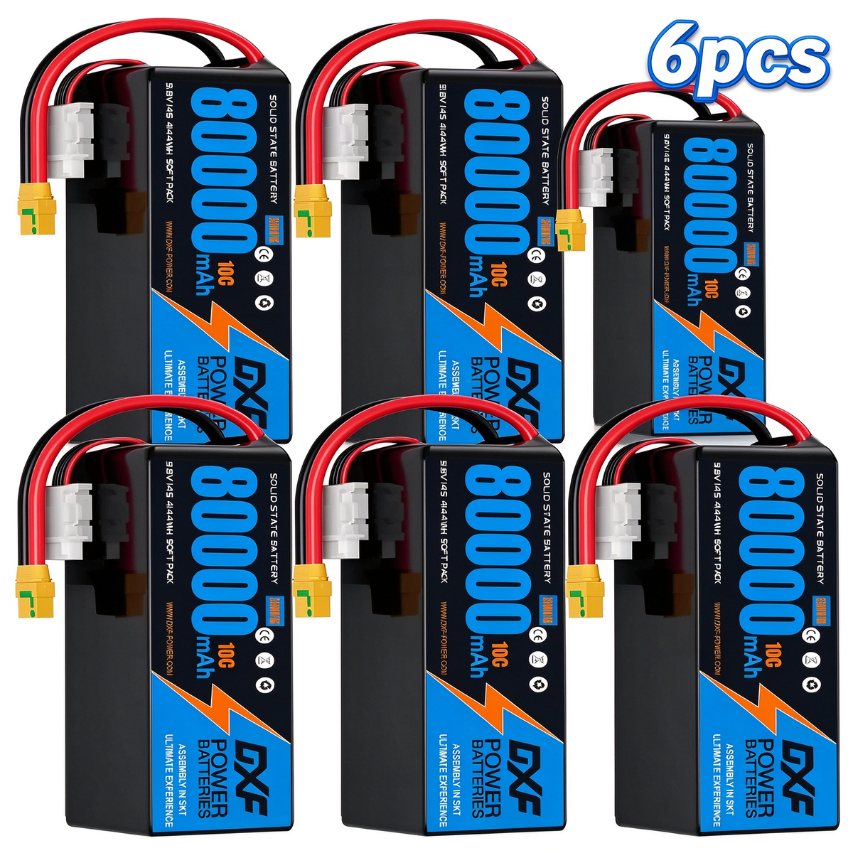 DXF SEMI-SOLID 14S 51.8V 80000mAh 10C Soft Case LiPo Battery with 8AWG Wire for Toy Cars, Boats, UAVs & Drones (1-6 Pack)