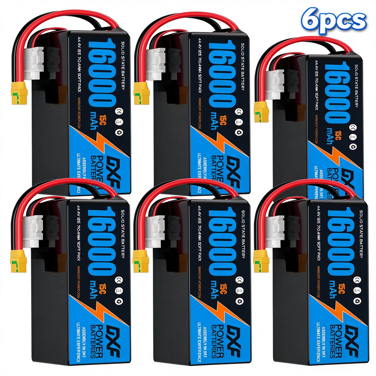 DXF SEMI-SOLID 12S 44.4V 16000mAh 15C Soft Case LiPo Battery with 8AWG Wire for Toy Cars, Boats, UAVs & Drones (1-6 Pack)