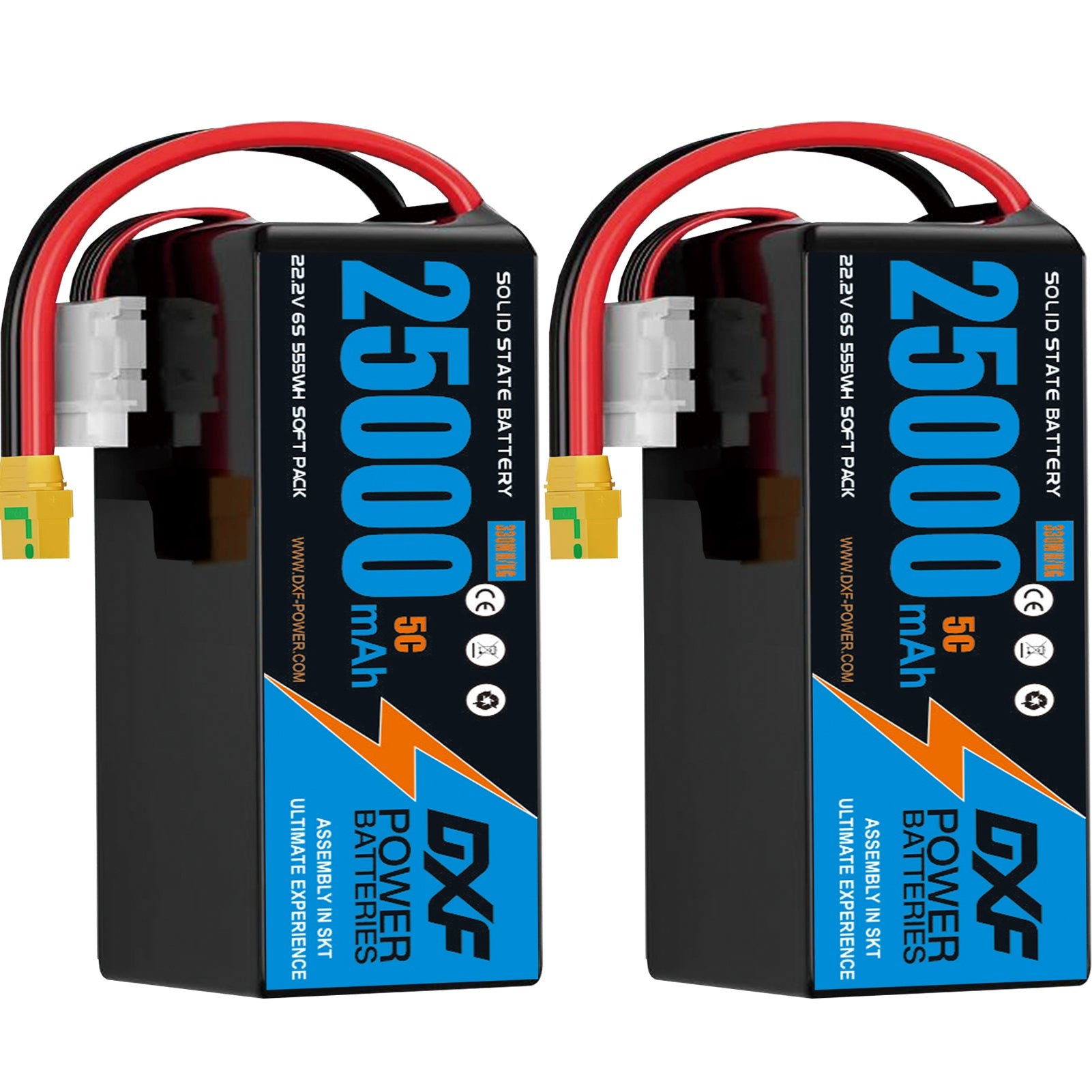 DXF 6S 22.2V 25000mAh 5C Soft Case LiPo Battery with 8AWG Wire for Toy Cars, Boats, UAVs & Drones (1-6 Pack)