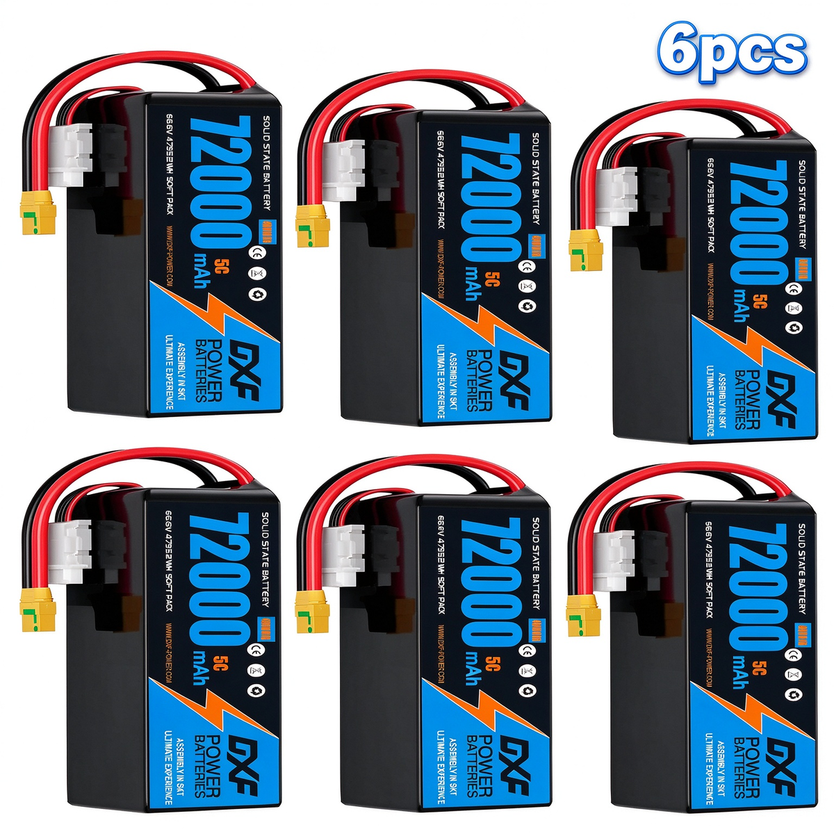 DXF SEMI-SOLID 18S 66.6V 72000mAh 5C Soft Case LiPo Battery with 8AWG Wire for Toy Cars, Boats, UAVs & Drones (1-6 Pack)