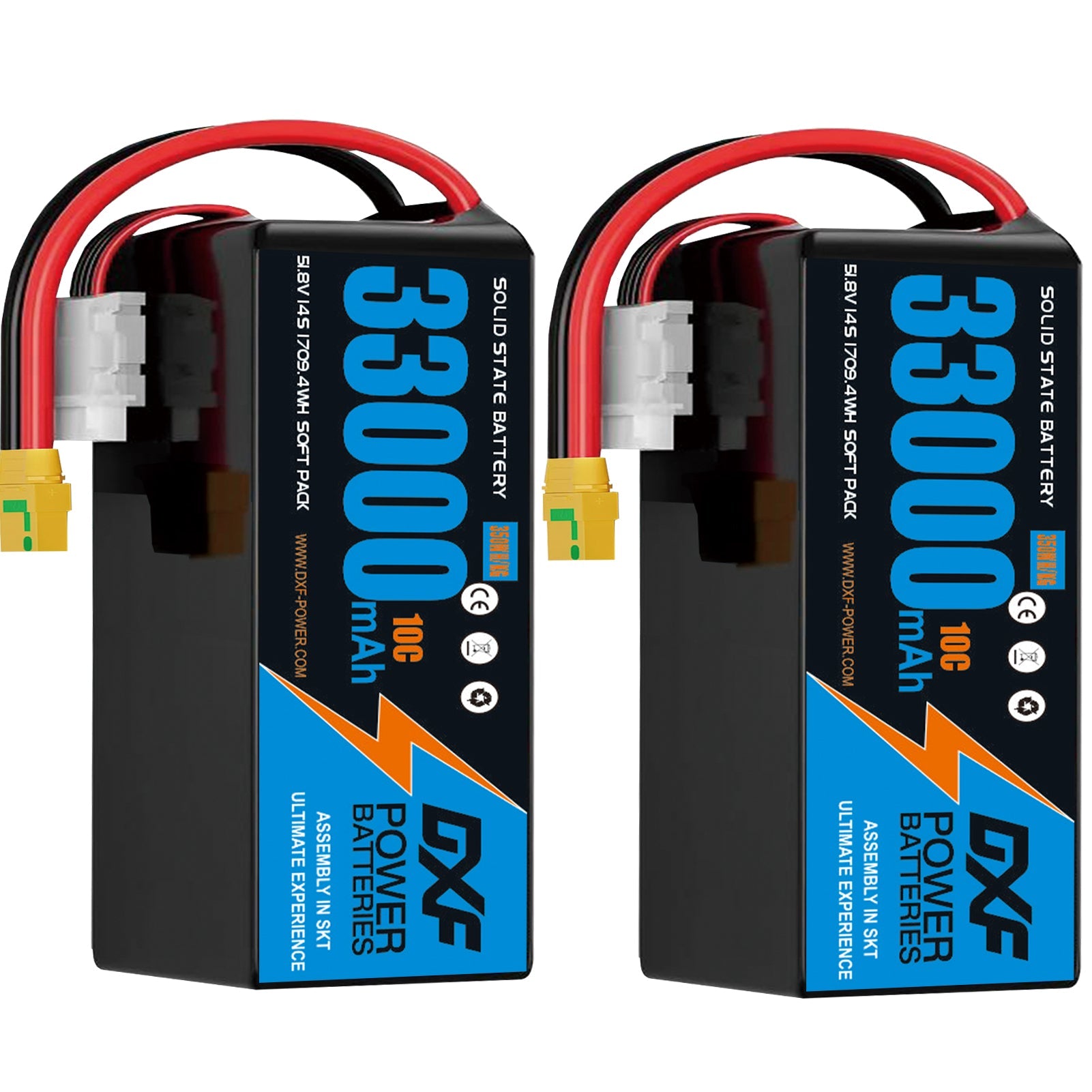 DXF SEMI-SOLID 14S 51.8V 33000mAh 10C Soft Case LiPo Battery with 8AWG Wire for Toy Cars, Boats, UAVs & Drones (1-6 Pack)