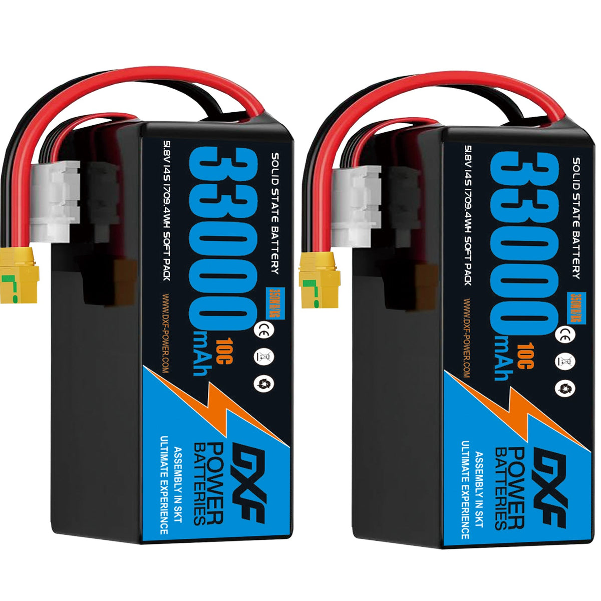 DXF SEMI-SOLID 14S 51.8V 33000mAh 10C Soft Case LiPo Battery with 8AWG Wire for Toy Cars, Boats, UAVs & Drones (1-6 Pack)