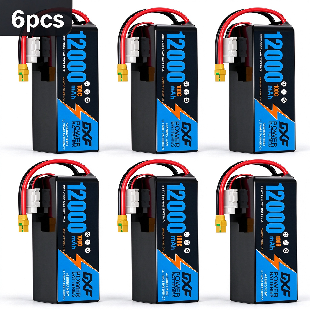 DXF 6S 22.2V 12000mAh 100C Soft Case LiPo Battery with 8AWG Wire for Toy Cars, Boats, UAVs & Drones (1-6 Pack)