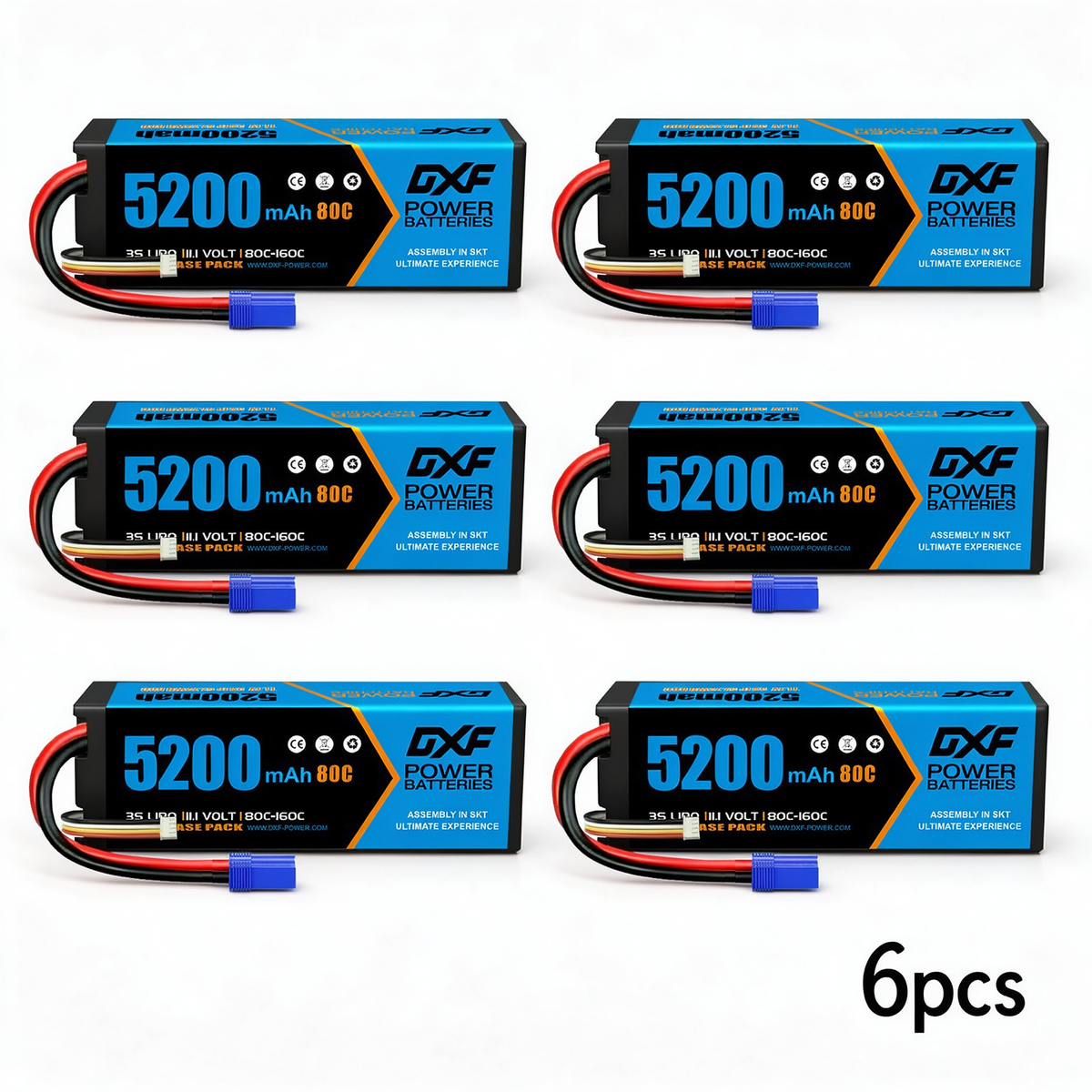 DXF 3S 11.1V 5200mAh 80C Hardcase LiPo Battery with EC5 & 10AWG Wire for Toy Cars, RC Boats, Aircraft Models & FPV Drones (1-6 Pack)