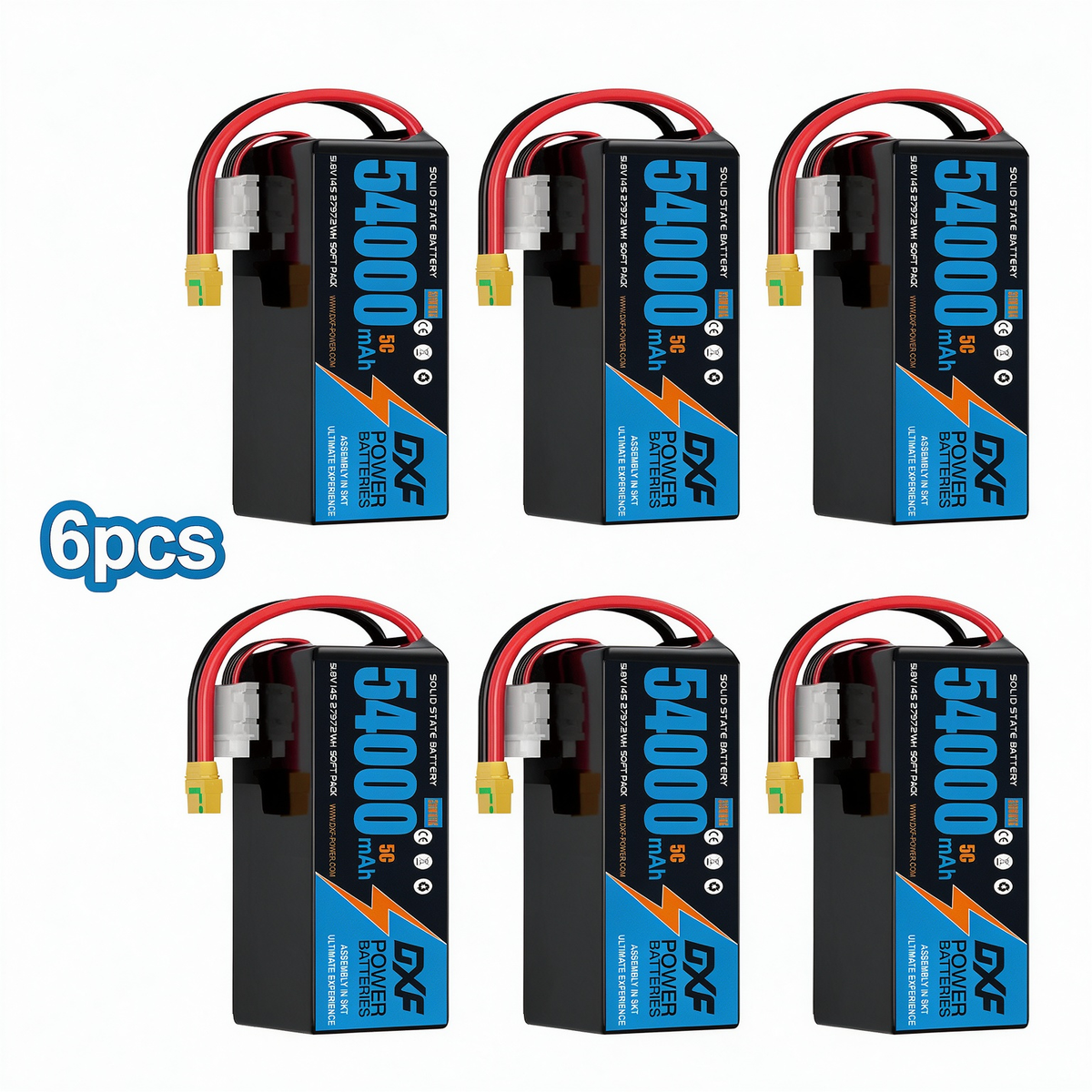 DXF SEMI-SOLID 14S 51.8V 54000mAh 5C Soft Case LiPo Battery with 8AWG Wire for Toy Cars, Boats, UAVs & Drones (1-6 Pack)
