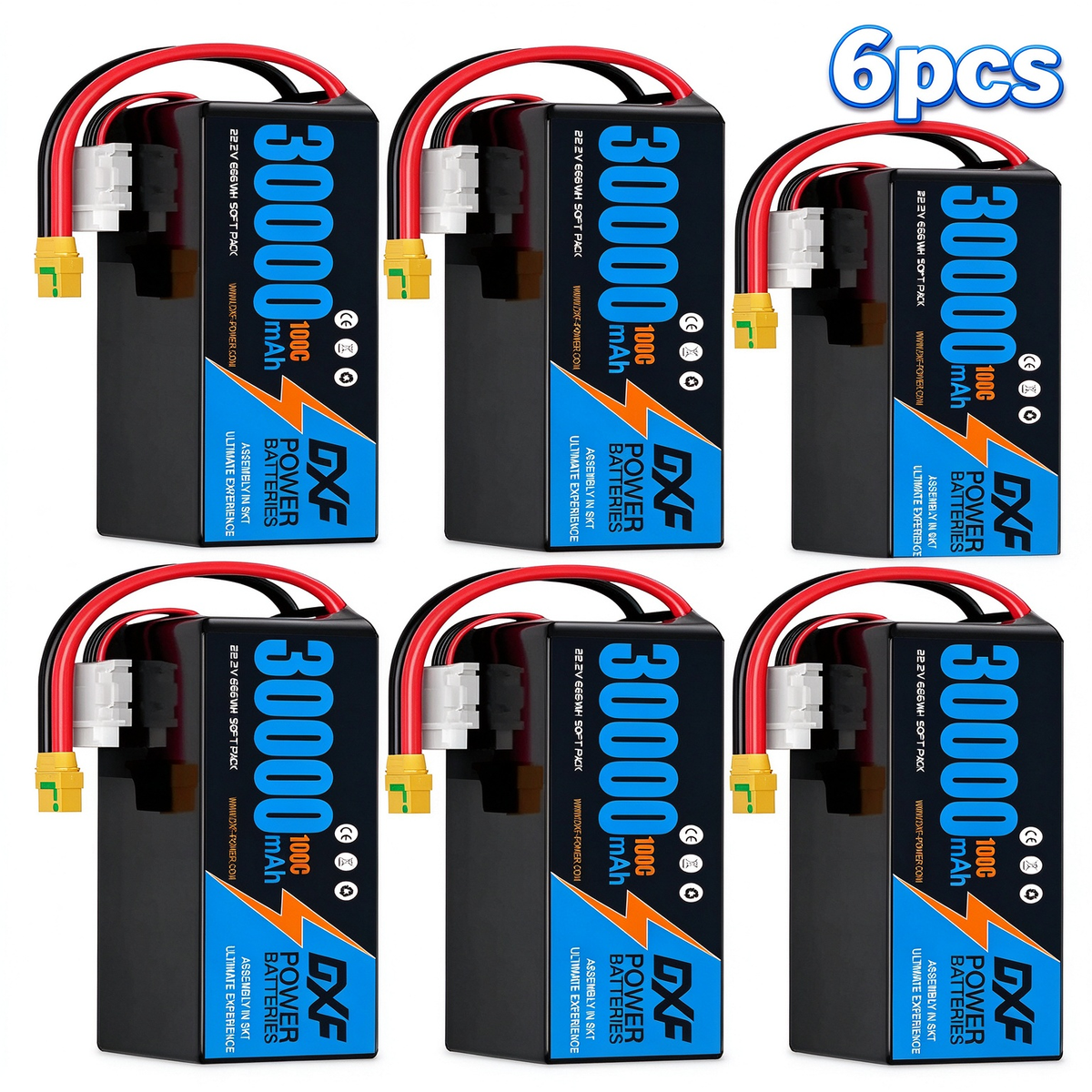 DXF 6S 22.2V 30000mAh 100C Soft Case LiPo Battery with 8AWG Wire for Toy Cars, Boats, UAVs & Drones (1-6 Pack)