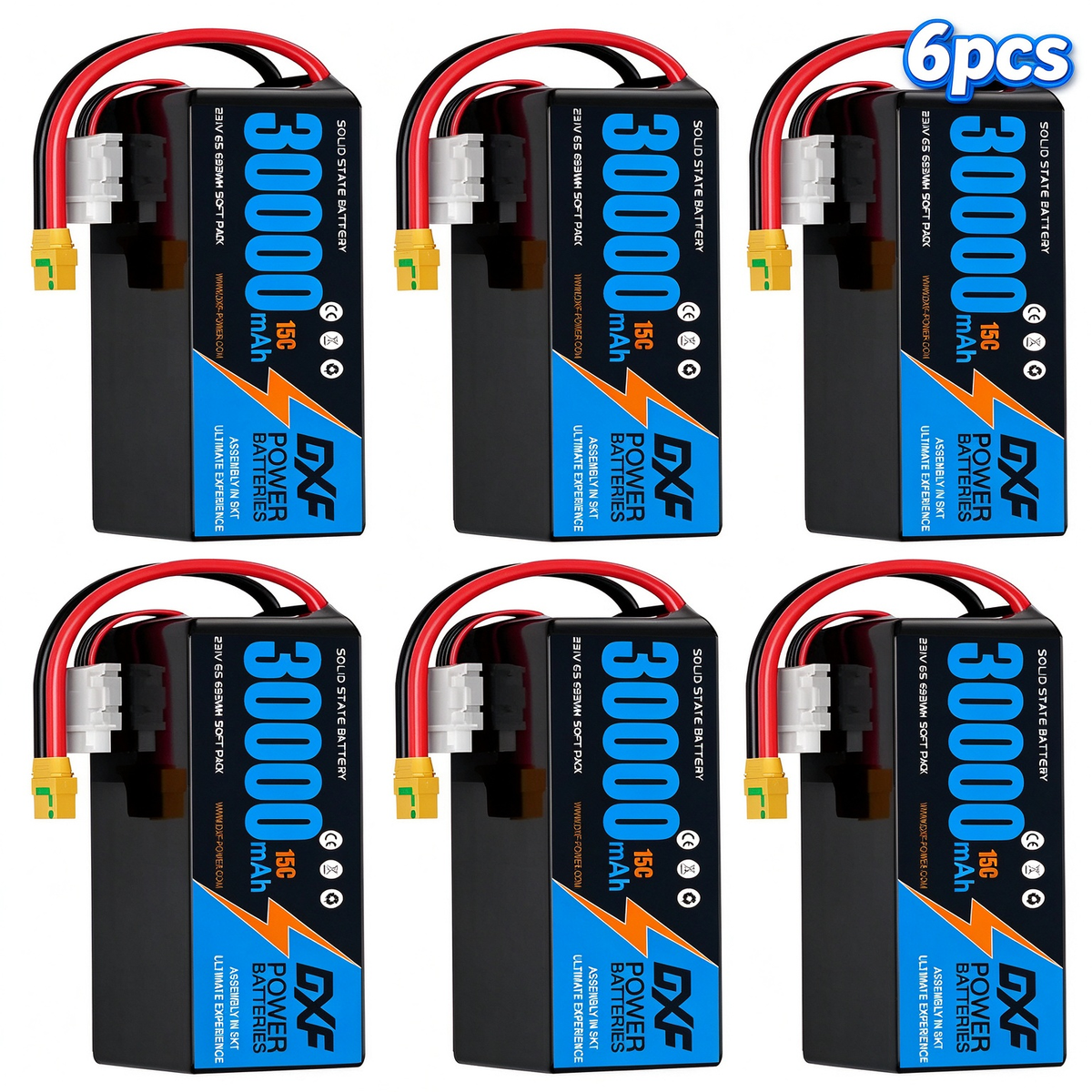 DXF 6S 23.1V 30000mAh 15C Soft Case LiPo Battery with 8AWG Wire for Toy Cars, Boats, UAVs & Drones (1-6 Pack)