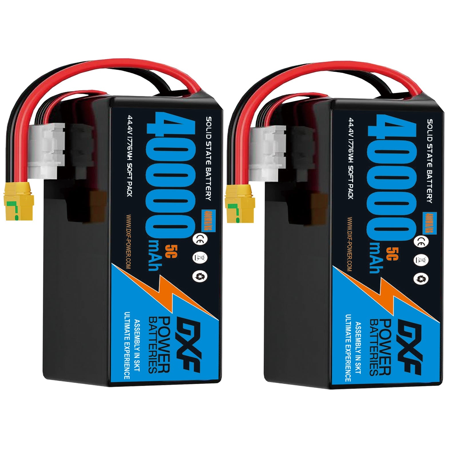 DXF SEMI-SOLID 12S 44.4V 40000mAh 5C Soft Case LiPo Battery with 8AWG Wire for Toy Cars, Boats, UAVs & Drones (1-6 Pack)