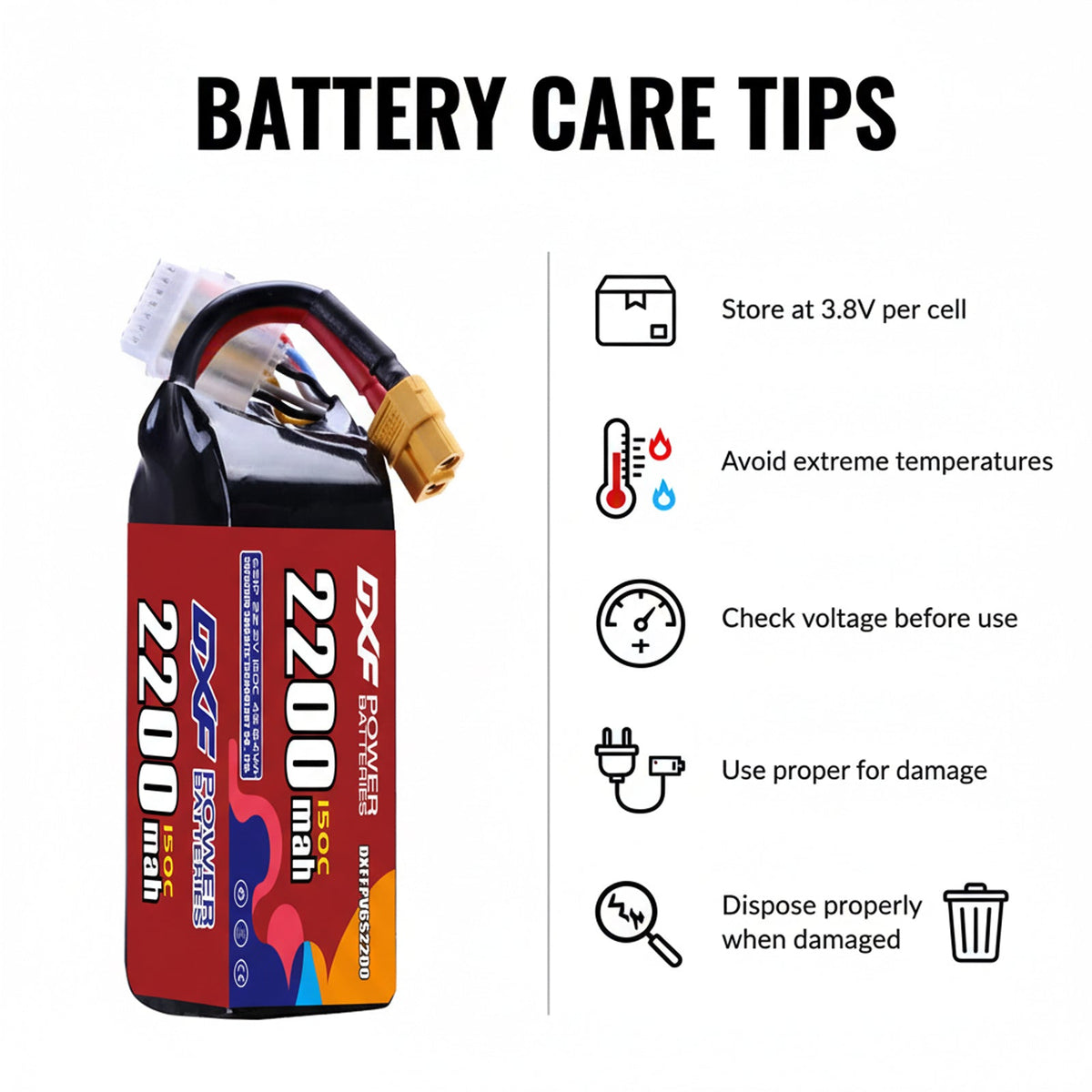 DXF 6S 22.2V 2200mAh 150C Graphene Softcase LiPo Battery with XT60 & 12AWG Wire (1-6 Pack)