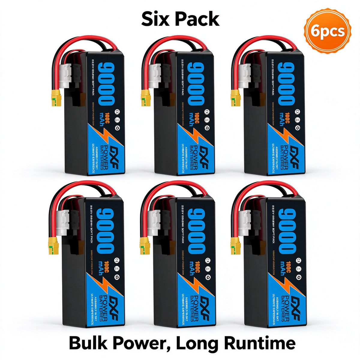 DXF 6S 22.2V 9000mAh 100C Soft Case LiPo Battery with 10AWG Wire for Toy Cars, Boats, UAVs & Drones (1-6 Pack)