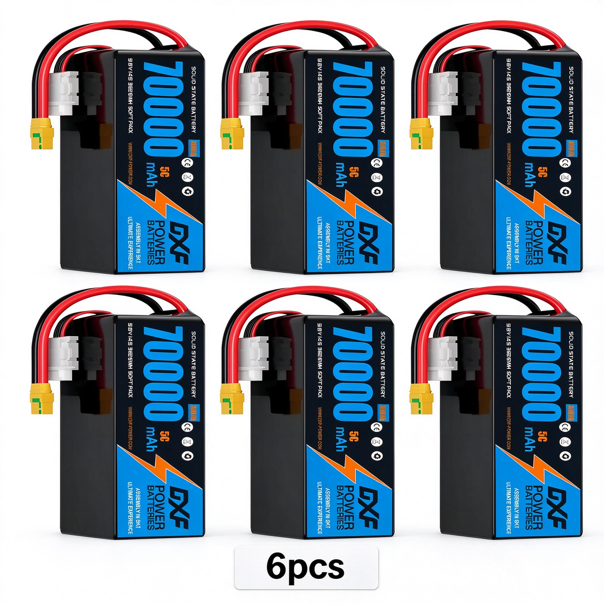 DXF SEMI-SOLID 14S 51.8V 70000mAh 5C Soft Case LiPo Battery with 8AWG Wire for UAVs & Drones (1-6 Pack)