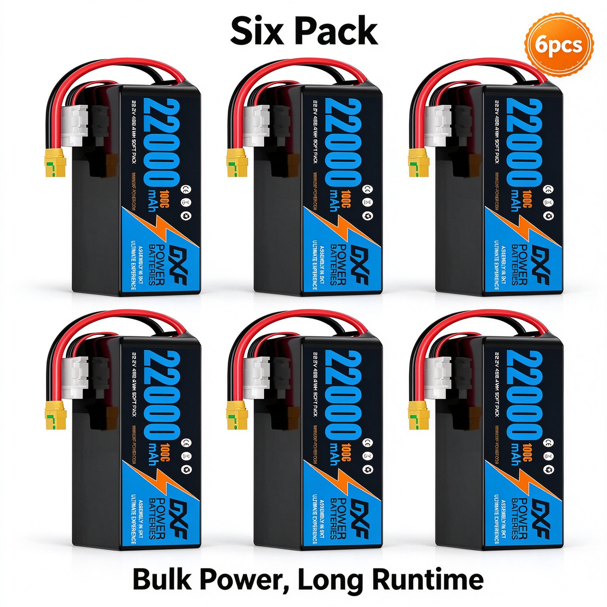 DXF 6S 22.2V 22000mAh 100C Soft Case LiPo Battery with 10AWG Wire for Toy Cars, Boats, UAVs & Drones (1-6 Pack)