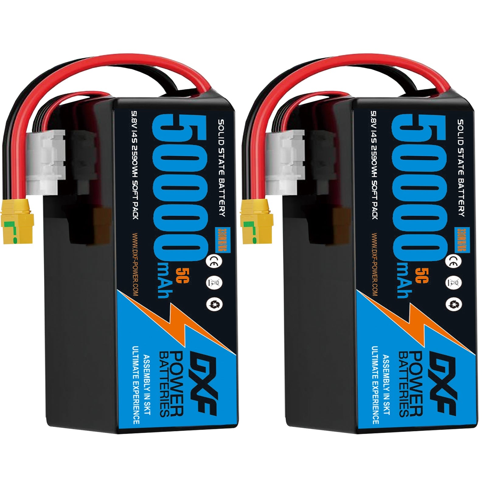 DXF SEMI-SOLID 14S 51.8V 50000mAh 5C Soft Case LiPo Battery with 8AWG Wire for Toy Cars, Boats, UAVs & Drones (1-6 Pack)