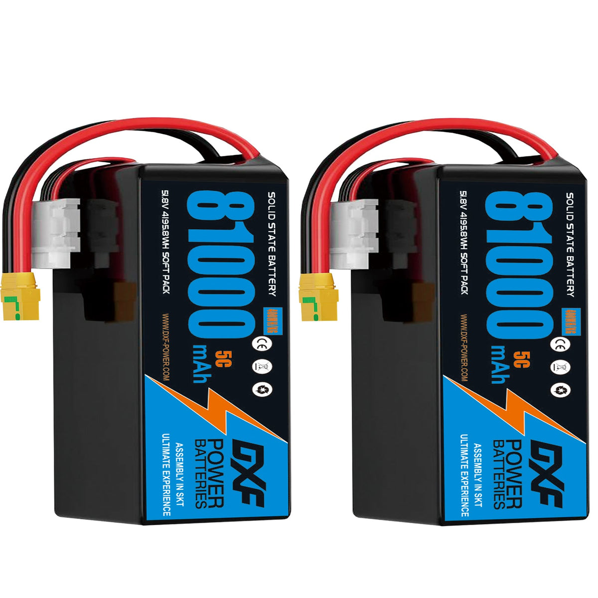 DXF 14S 51.8V 81000mAh 5C Soft Case LiPo Battery with 8AWG Wire for Toy Cars, Boats, UAVs & Drones (1-6 Pack)