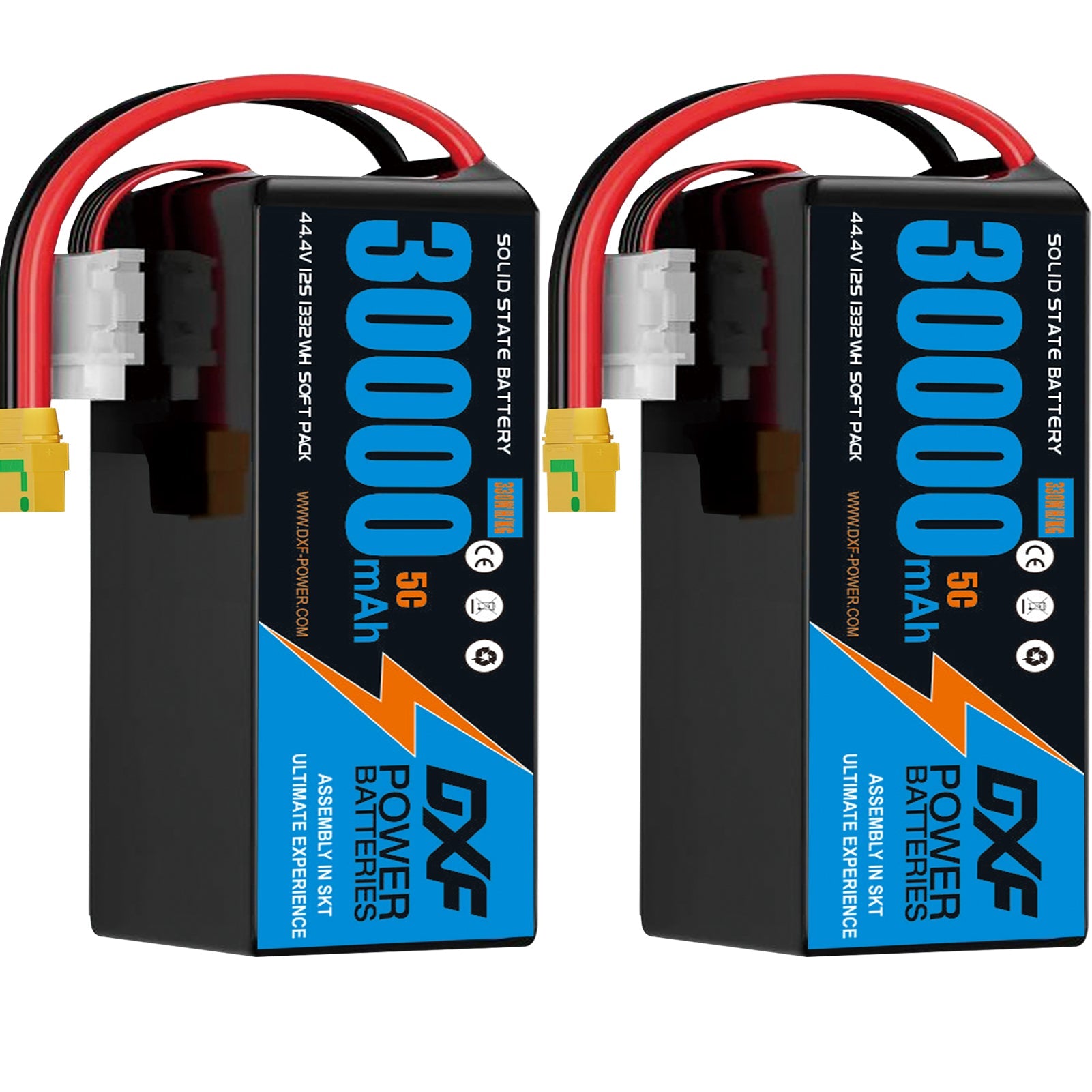 DXF SEMI-SOLID 12S 44.4V 30000mAh 5C Soft Case LiPo Battery with 8AWG Wire for Toy Cars, Boats, UAVs & Drones (1-6 Pack)
