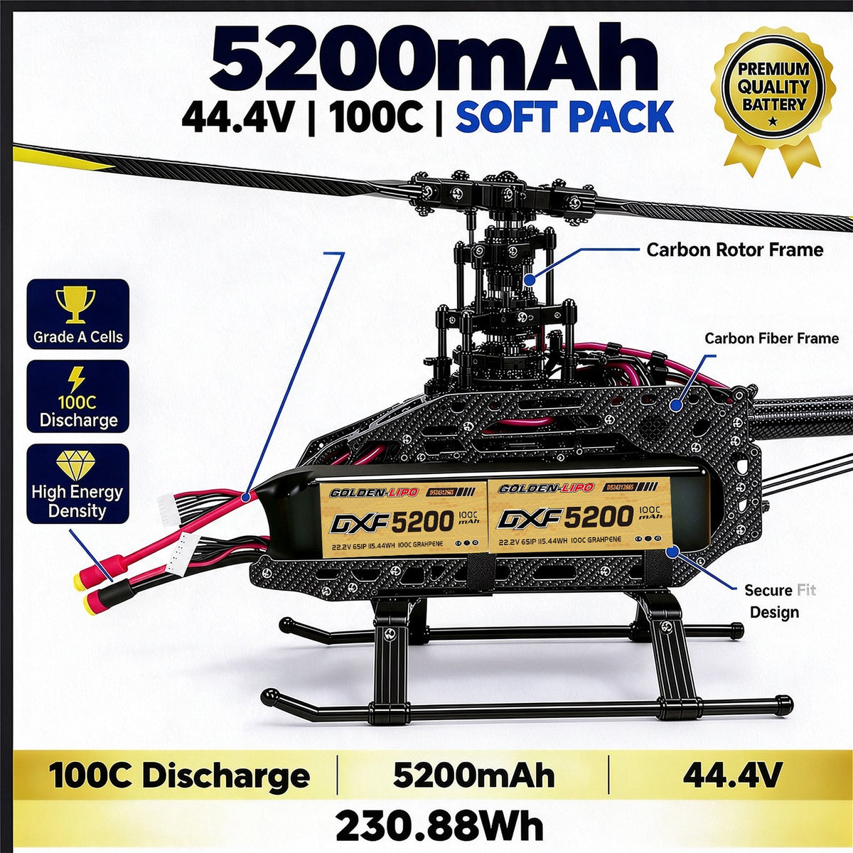 DXF Lipo Battery 12S 44.4V 5200mAh 100C GoldSeries Graphene Softcase with EC5 / T / TRX / XT60 / XT90 / XT150 / Q8s Plug for RC 1/8 1/10 Buggy Truck Car Off-Road Drone