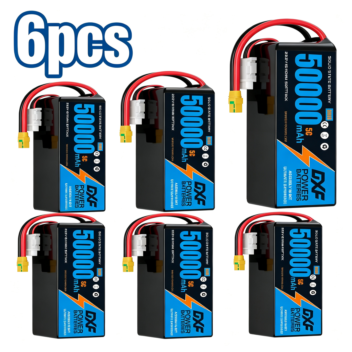 DXF 6S 22.2V 50000mAh 5C Soft Case LiPo Battery with 8AWG Wire for Toy Cars, Boats, UAVs & Drones (1-6 Pack)