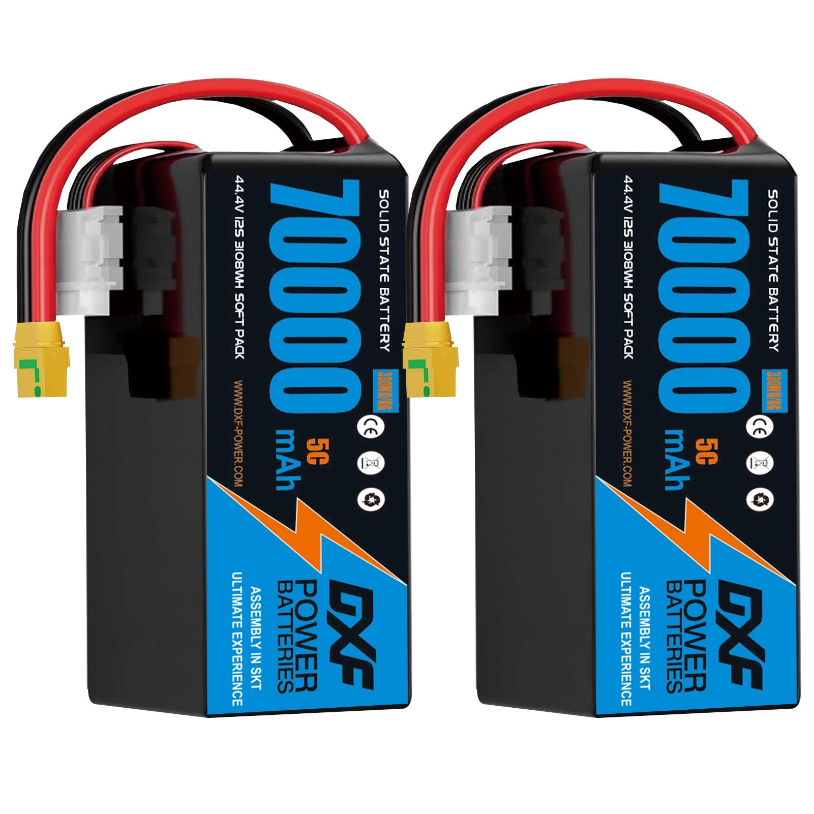 DXF SEMI-SOLID 12S 44.4V 70000mAh 5C Soft Case LiPo Battery with 8AWG Wire for UAVs & Drones (1-6 Pack)