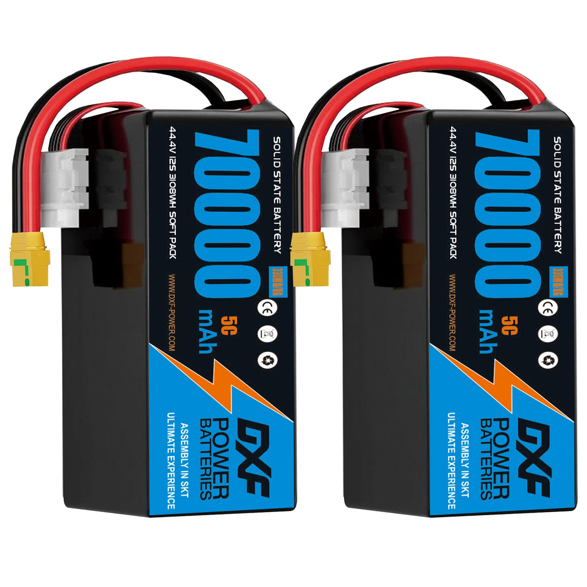 DXF SEMI-SOLID 12S 44.4V 70000mAh 5C Soft Case LiPo Battery with 8AWG Wire for UAVs & Drones (1-6 Pack)