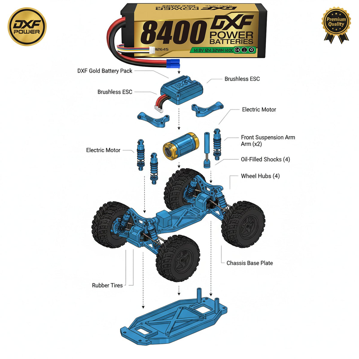 DXF 4S 14.8V 8400mAh 140C Graphene Hardcase LiPo Battery with EC5 & 10AWG Wire (1-6 Pack)