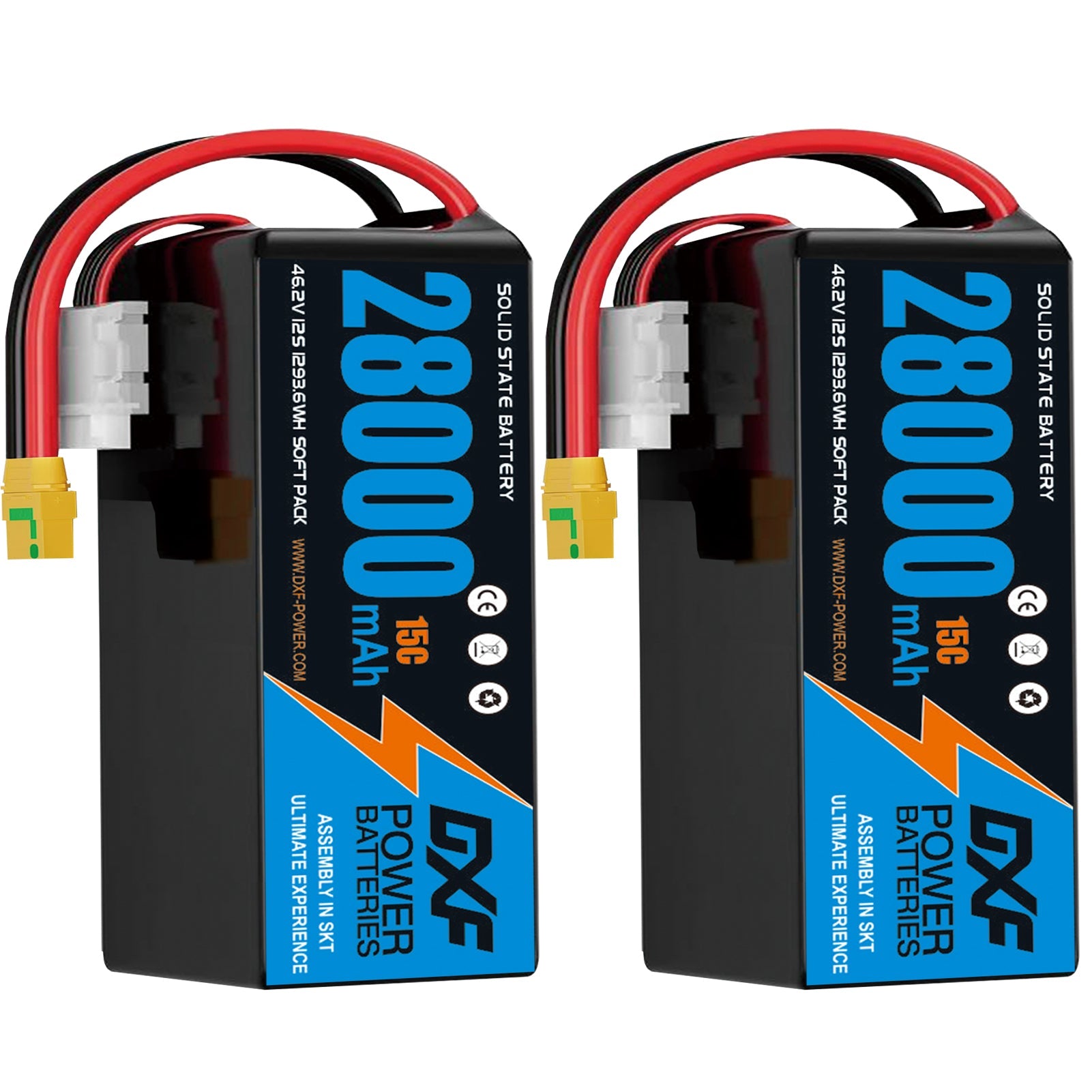 DXF SEMI-SOLID 12S 46.2V 28000mAh 15C Soft Case LiPo Battery with 8AWG Wire for Toy Cars, Boats, UAVs & Drones (1-6 Pack)
