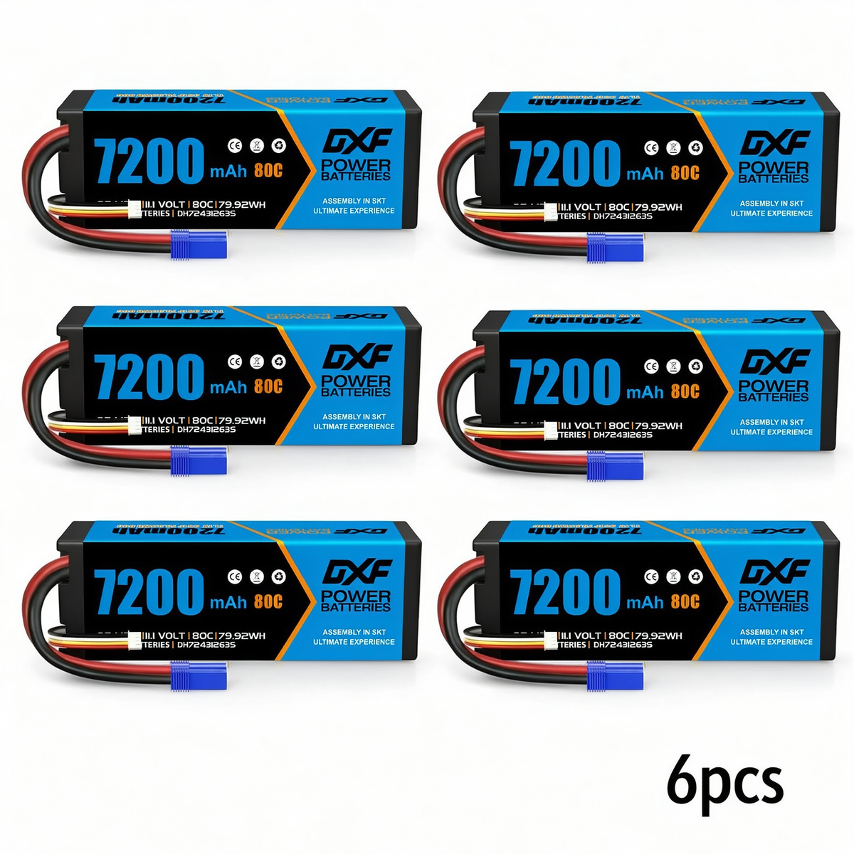 DXF BLUE Series 3S 11.1V 7200mAh 80C Hardcase LiPo Battery with EC5 Plug for 1/8 1/10 RC Car Truck (1-6 Pack)