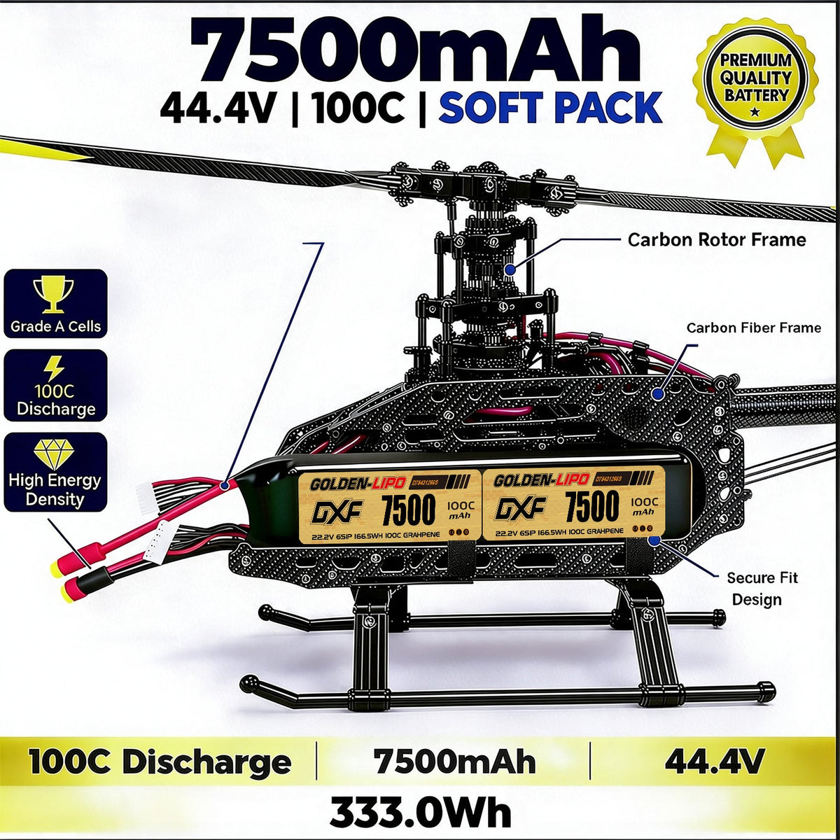 DXF Lipo Battery 12S 44.4V 7500mAh 100C GoldSeries Graphene Softcase with EC5 / T / TRX / XT60 / XT90 / XT150 / Q8s Plug for RC 1/8 1/10 Buggy Truck Car Off-Road Drone