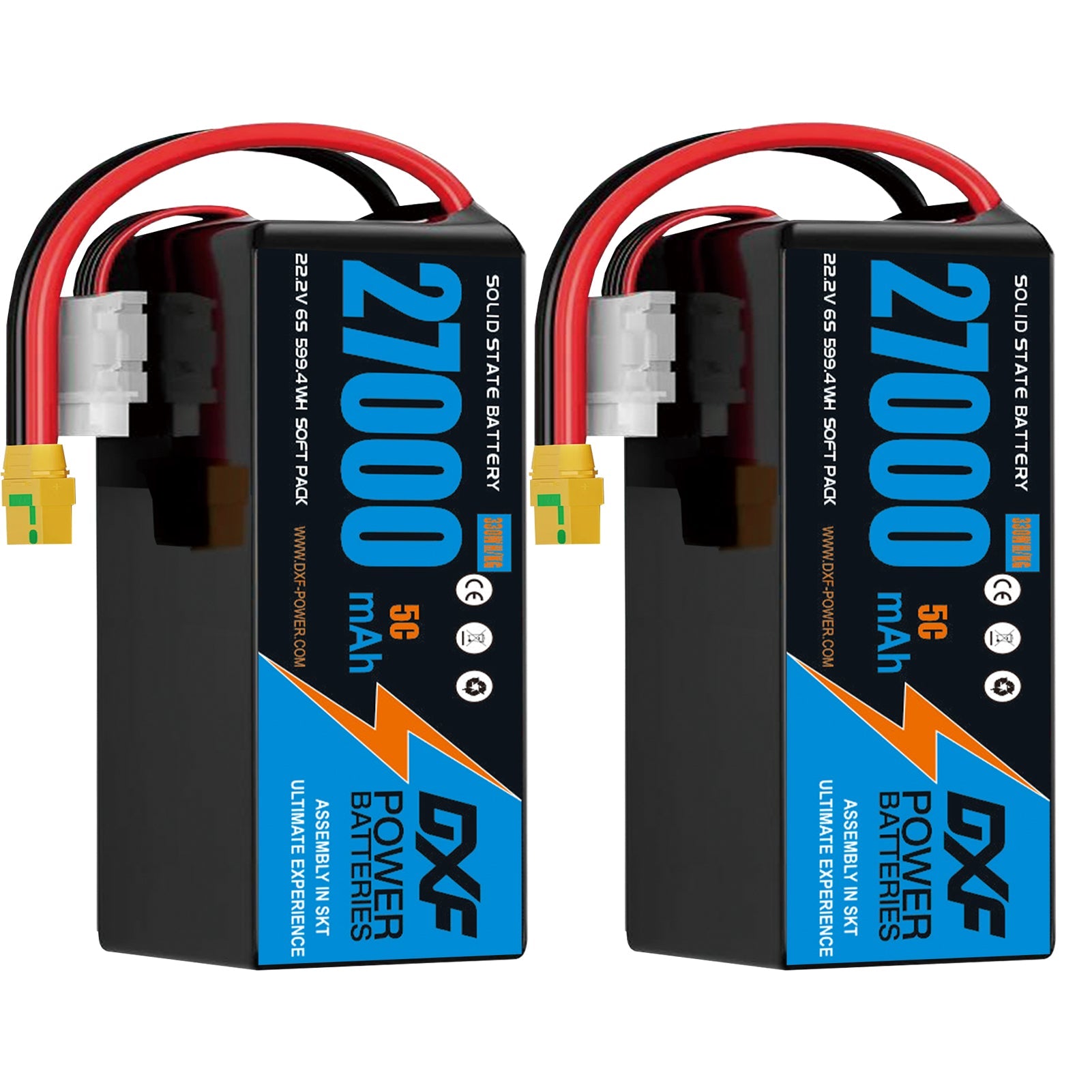 DXF 6S 22.2V 27000mAh 5C Soft Case LiPo Battery with 8AWG Wire for Toy Cars, Boats, UAVs & Drones (1-6 Pack)