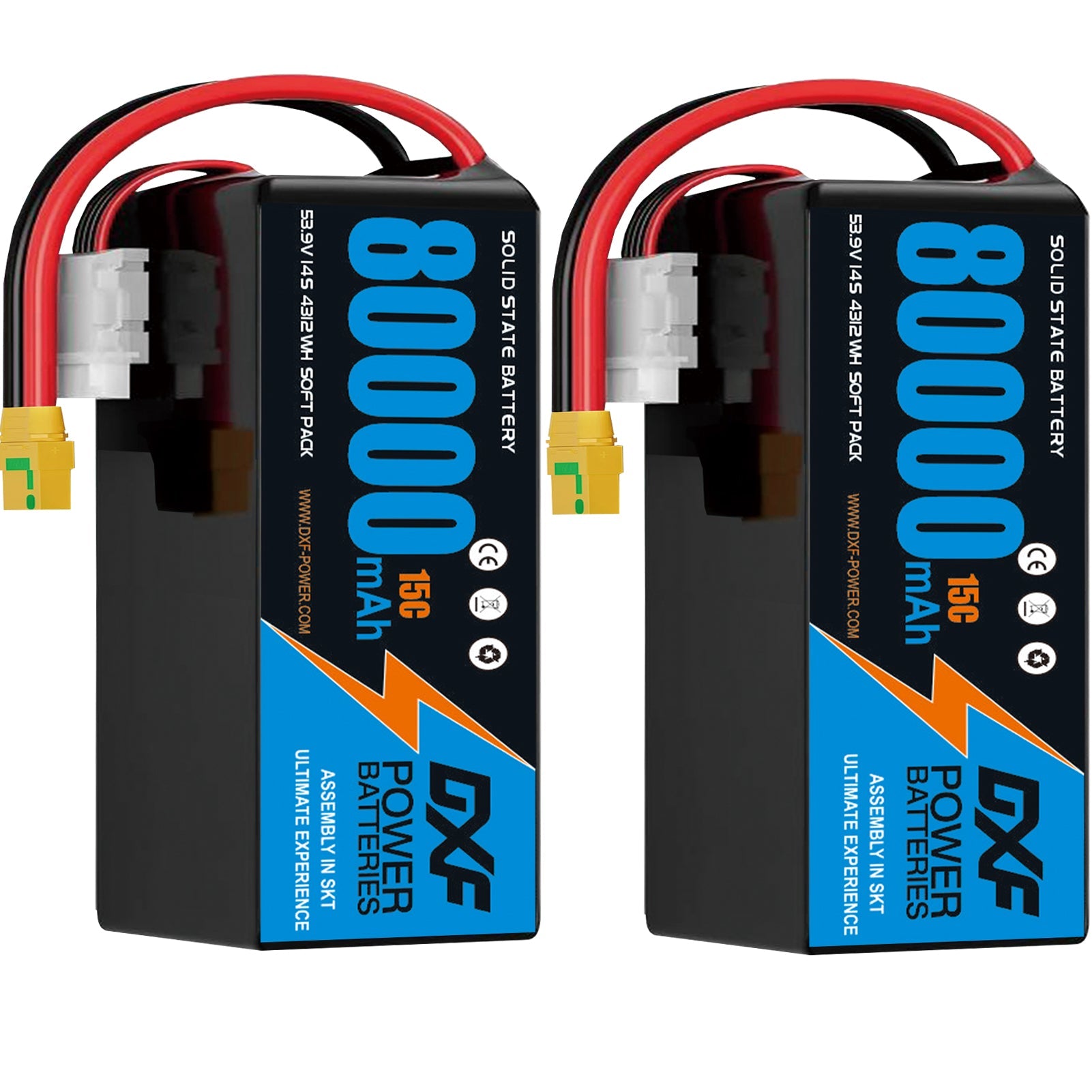 DXF SEMI-SOLID 14S 53.9V 80000mAh 15C Soft Case LiPo Battery with 8AWG Wire for Toy Cars, Boats, UAVs & Drones (1-6 Pack)