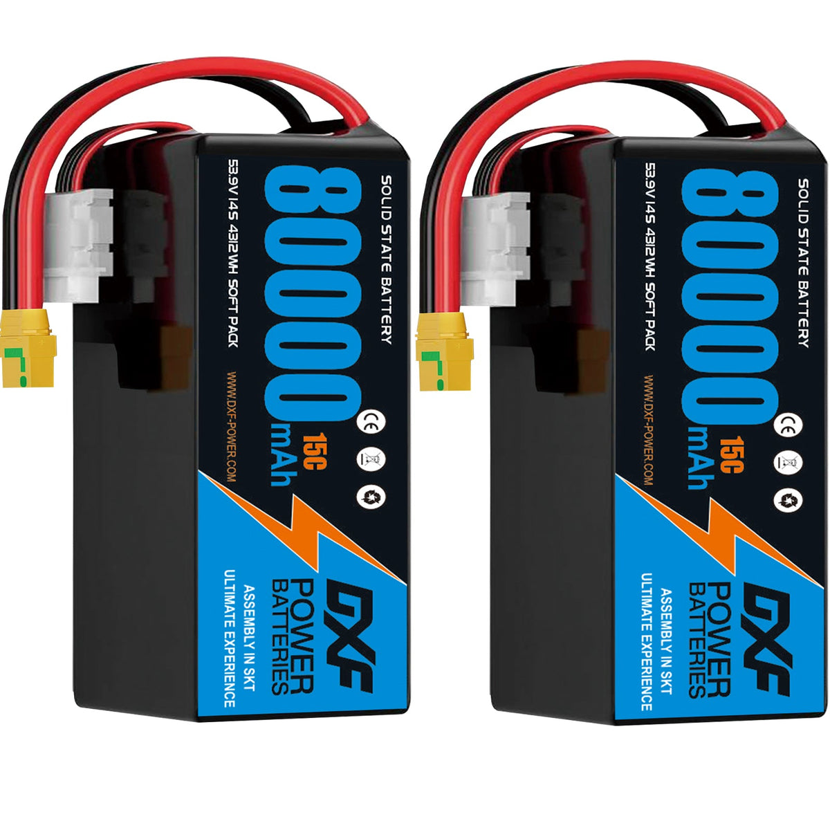 DXF SEMI-SOLID 14S 53.9V 80000mAh 15C Soft Case LiPo Battery with 8AWG Wire for Toy Cars, Boats, UAVs & Drones (1-6 Pack)