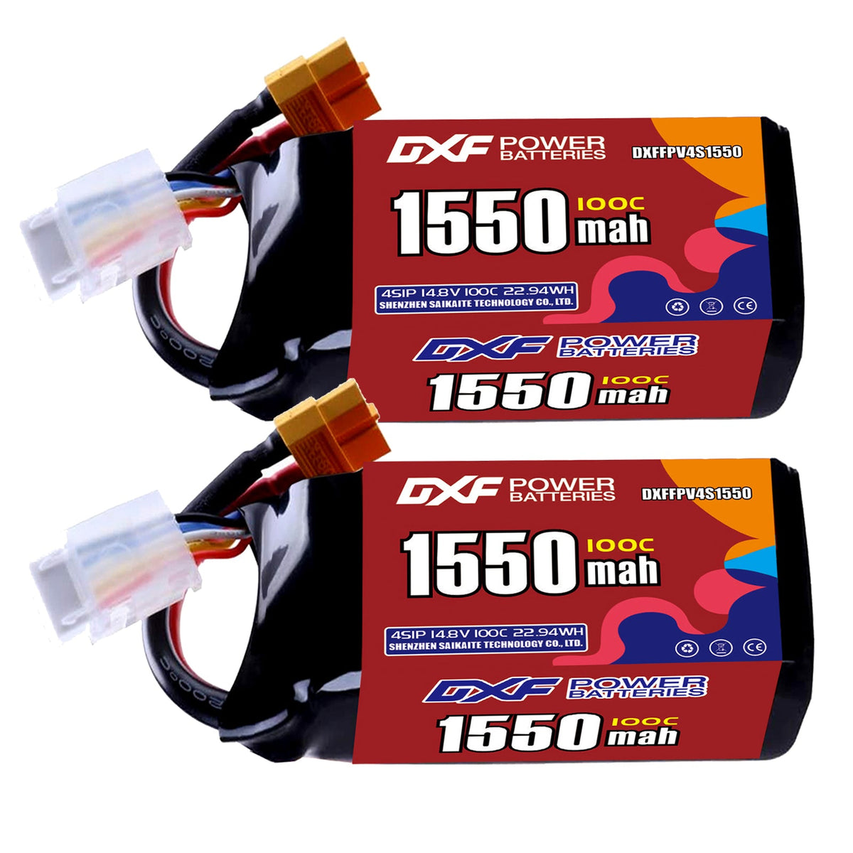 DXF 4S 14.8V 1550mAh 100C LiPo Battery for FPV Micro Drones (PH2.0 / JST / XT30 / SM / XT60 / EC5 / XT90 Options)