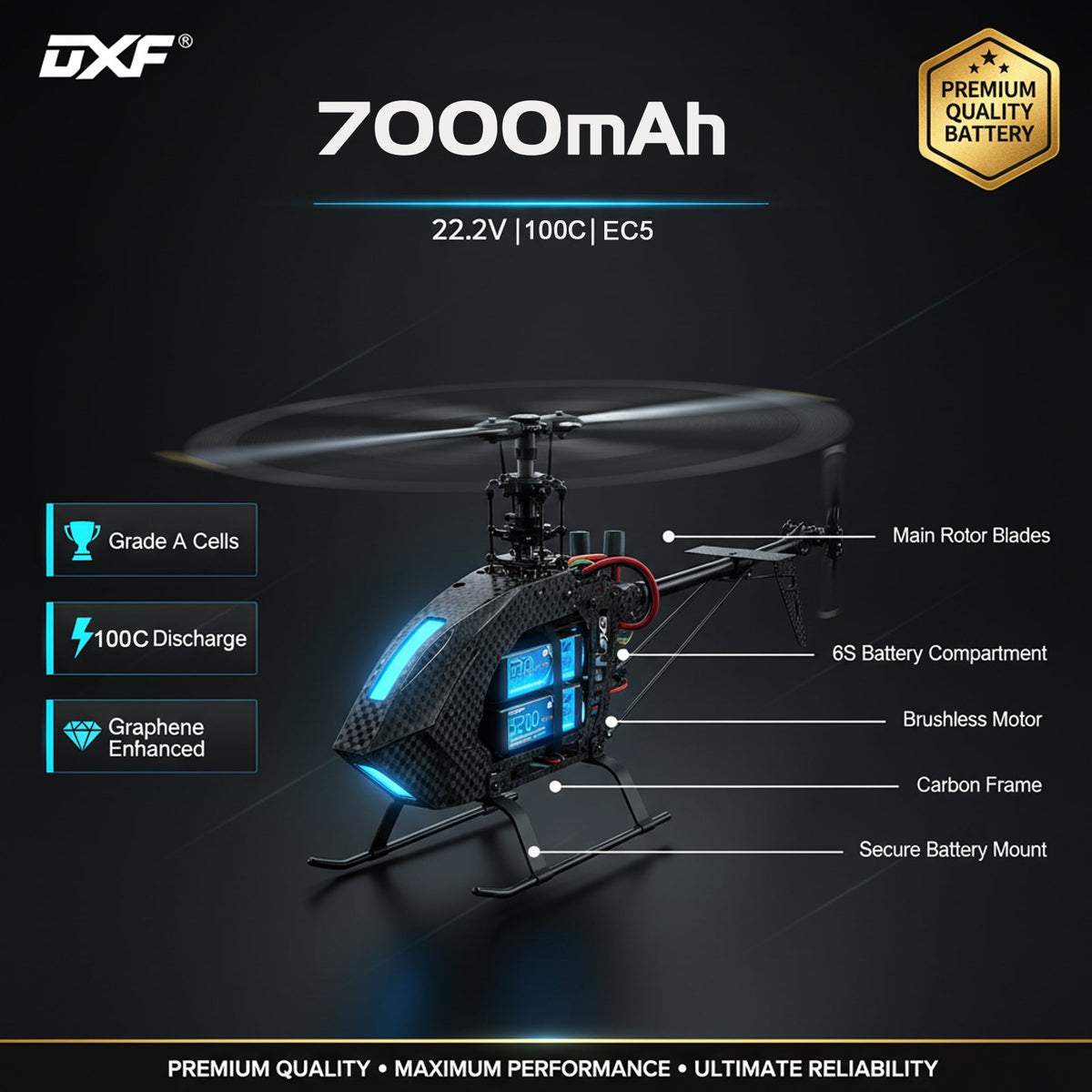 DXF 6S 22.2V 7000mAh 100C Softcase LiPo Battery with EC5 & 10AWG Wire for 1/8 RC Cars (1-6 Pack)