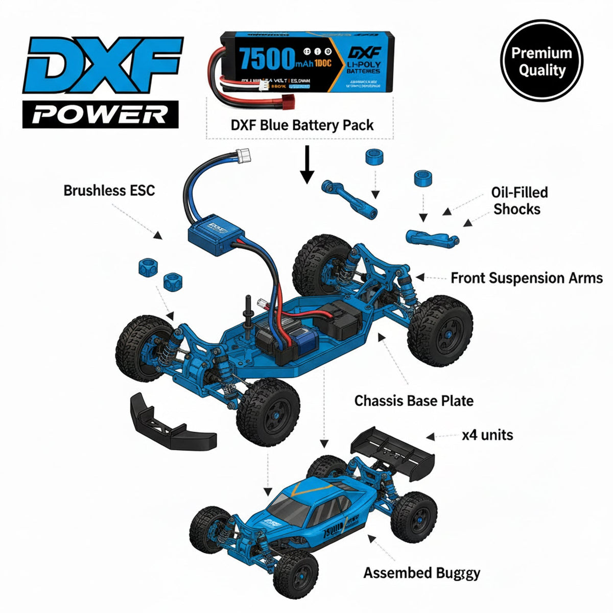DXF 3S 11.1V 7200mAh 100C Hardcase LiPo Battery with 10AWG EC5 for 1/8 1/10 RC Cars, Trucks, Buggies (1-6 Pack Available)