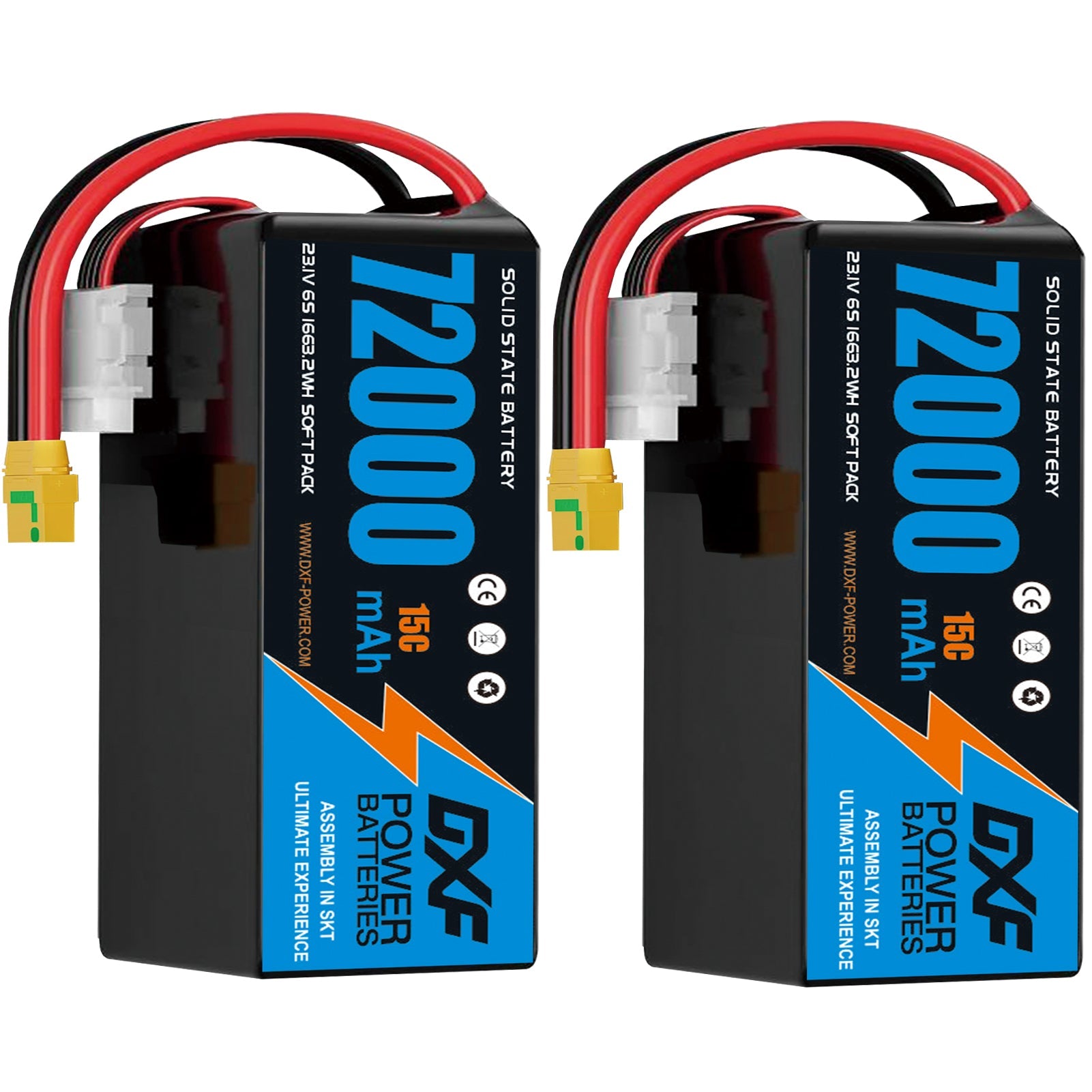 DXF 6S 23.1V 72000mAh 15C Soft Case LiPo Battery with 8AWG Wire for Toy Cars, Boats, UAVs & Drones (1-6 Pack)