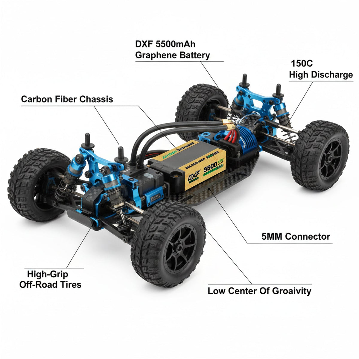 DXF 2S Shorty 7.6V 5500mAh 150C NGP PLUS Graphene Hardcase LiPo Battery with 5mm Bullet to Deans Plug for 1/10 RC Buggies, Touring Cars & Trucks (1-6 Pack Available)